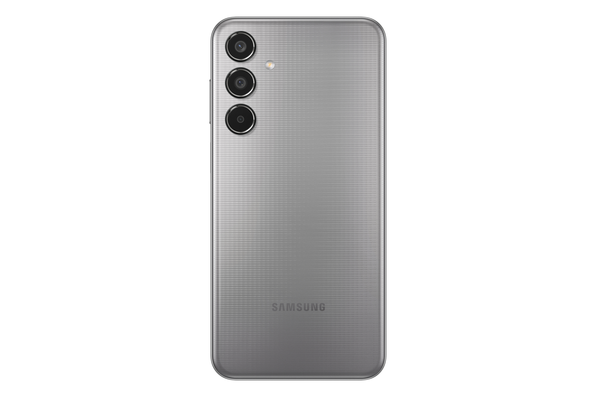 Retro di un telefono Samsung grigio. Dispone di tre fotocamere e del logo Samsung.