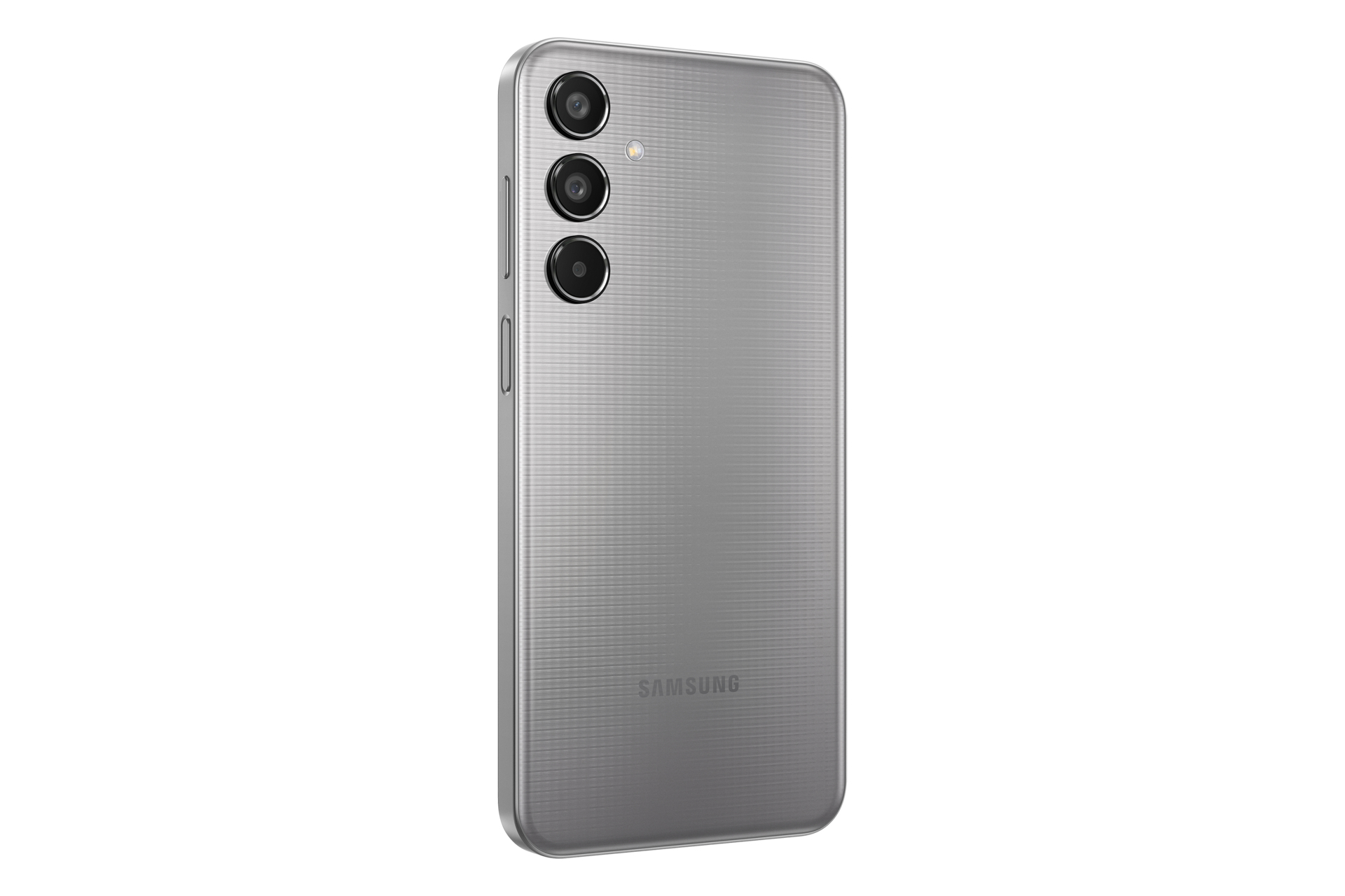 Smartphone grigio con fotocamera a tripla lente sul retro, angolato di lato, e il logo Samsung.