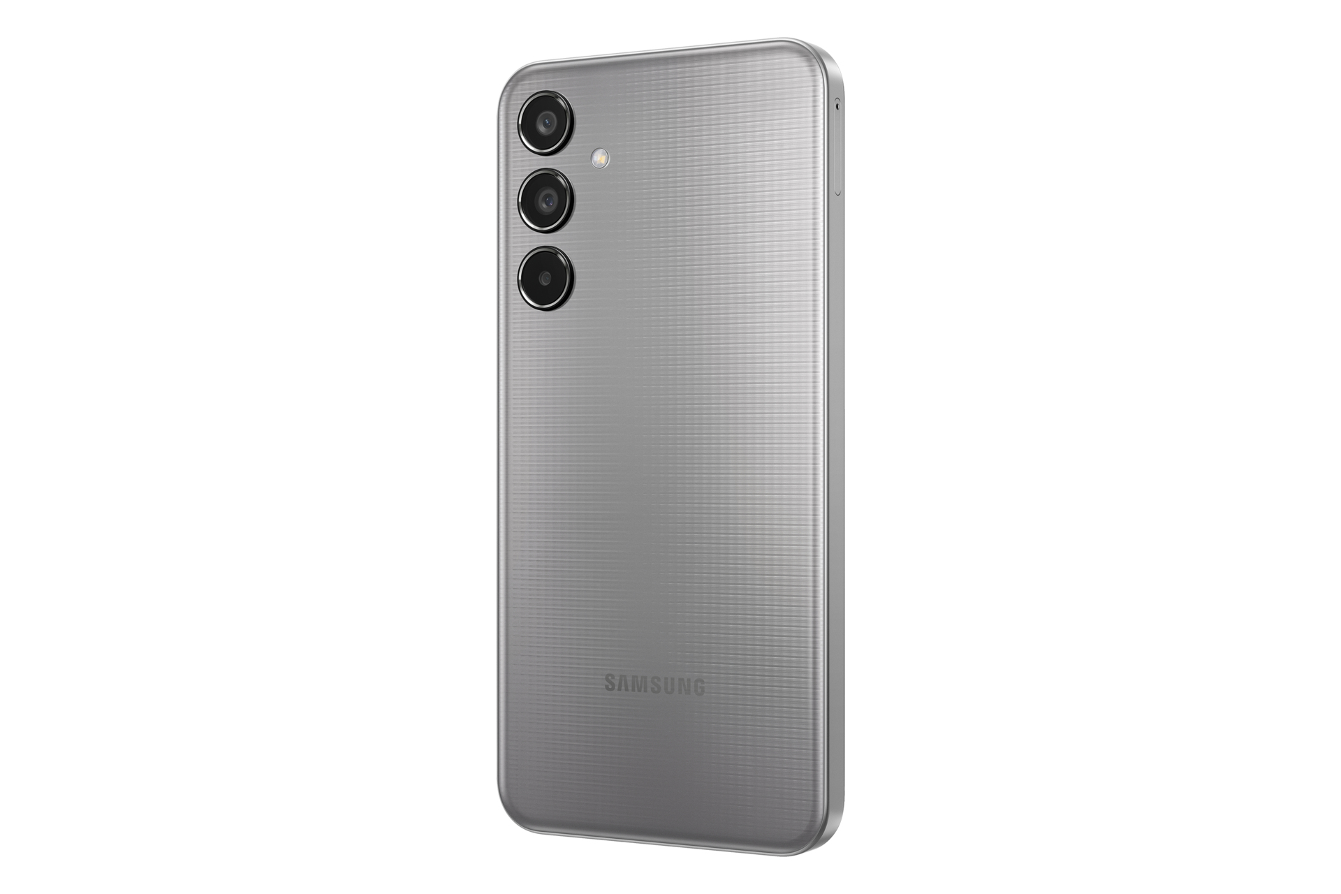 Un telefono Samsung grigio con tre fotocamere. È visto da dietro.
