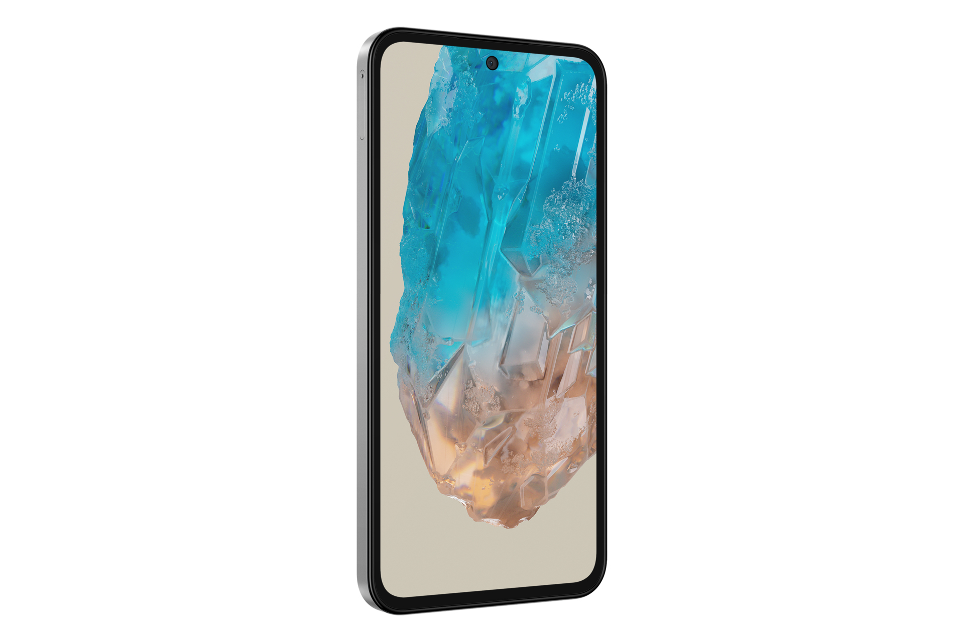 Uno smartphone nero con schermo blu e bianco, isolato su sfondo bianco.