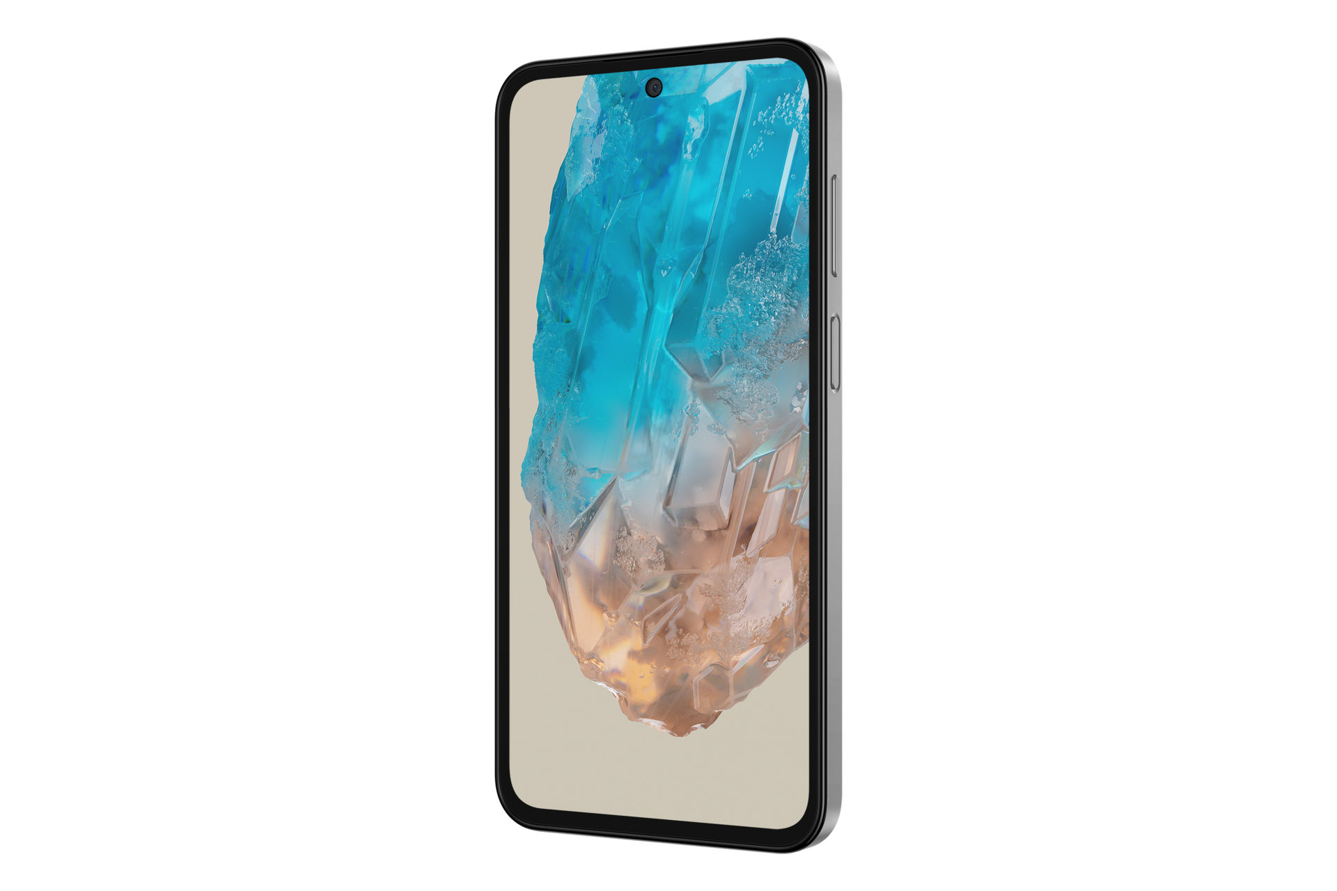Uno smartphone grigio mostra un'immagine astratta di cristallo, dai toni blu, sullo schermo.