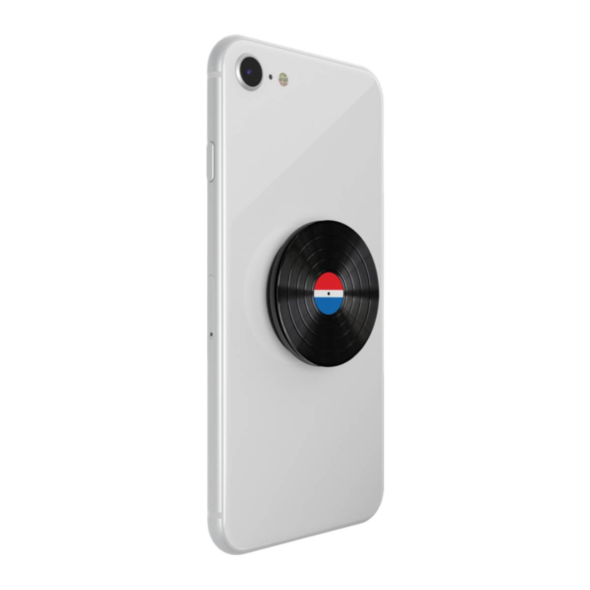 Un telefono bianco con un design a disco in vinile su una presa a comparsa attaccata al retro.