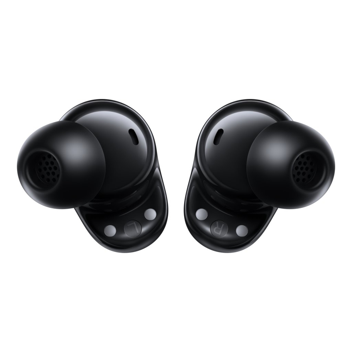 Dos auriculares inalámbricos negros sobre fondo blanco. Cada auricular tiene una rejilla de altavoz.
