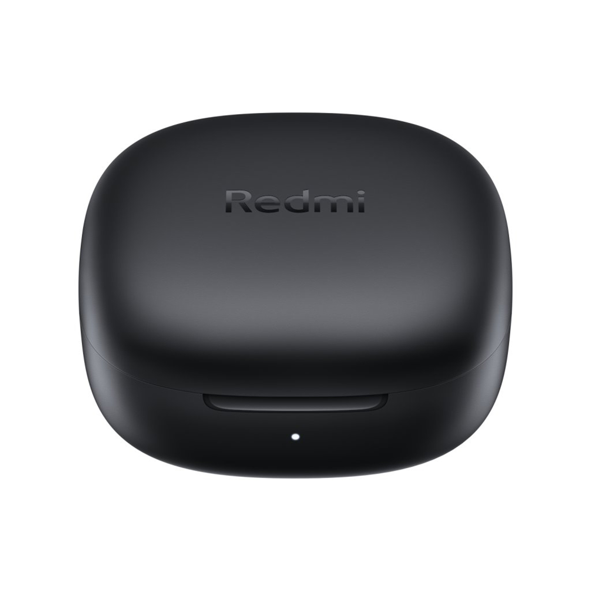 Estuche de carga de auriculares Redmi negro, con el texto 'Redmi' en la parte superior y una luz indicadora.