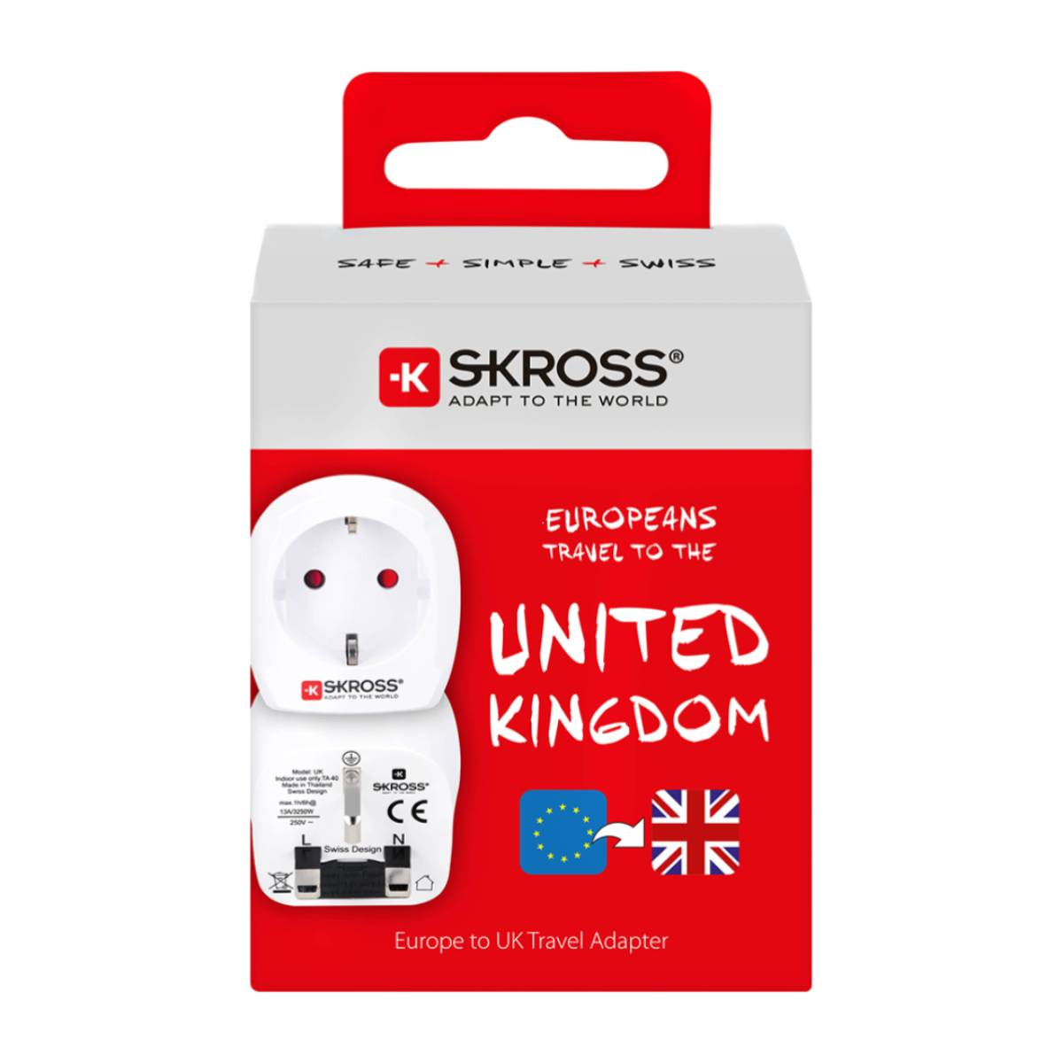 Scatola con un adattatore da viaggio per il Regno Unito, con il logo SKROSS e bandiere.