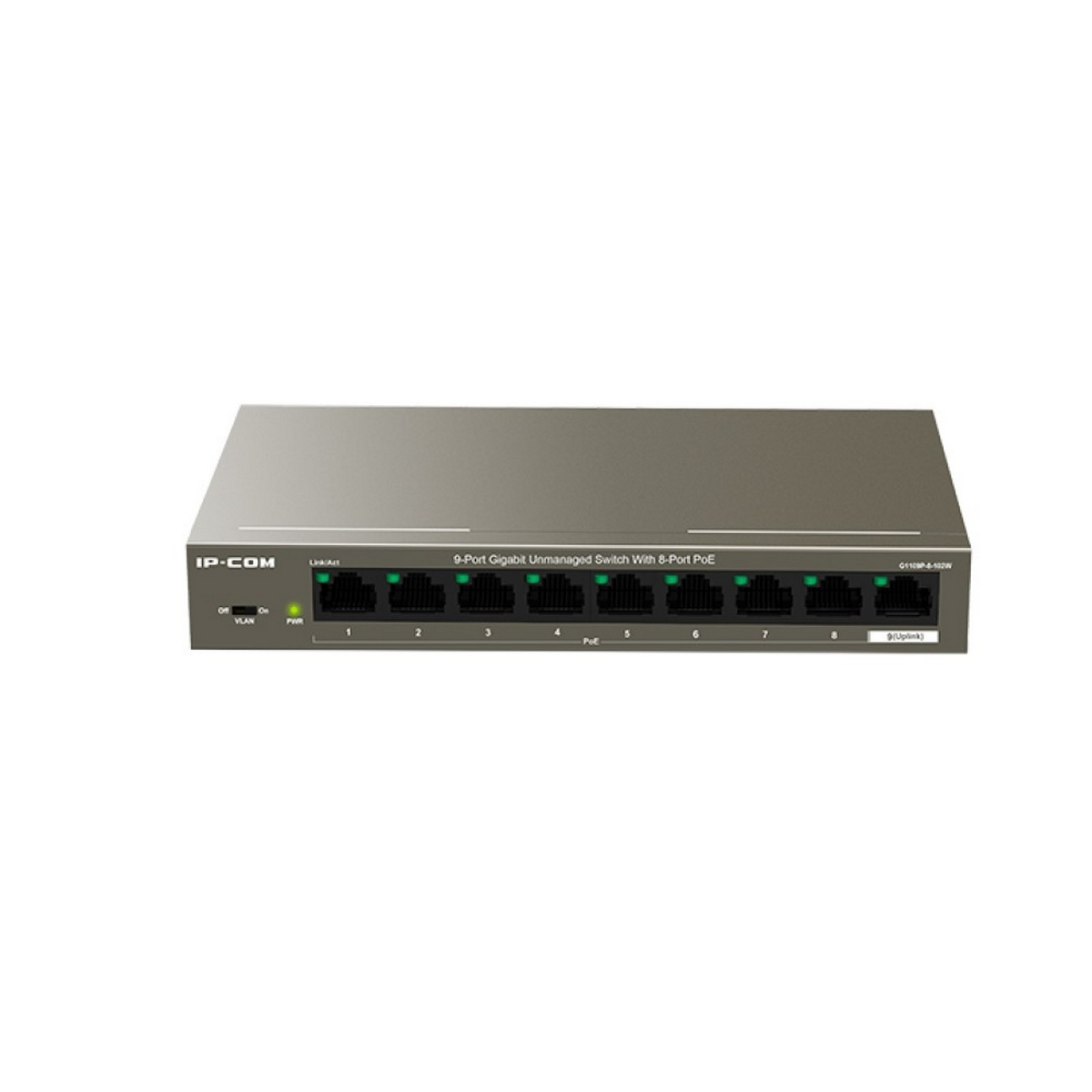 Uno switch di rete IP-COM argento e grigio con otto porte.