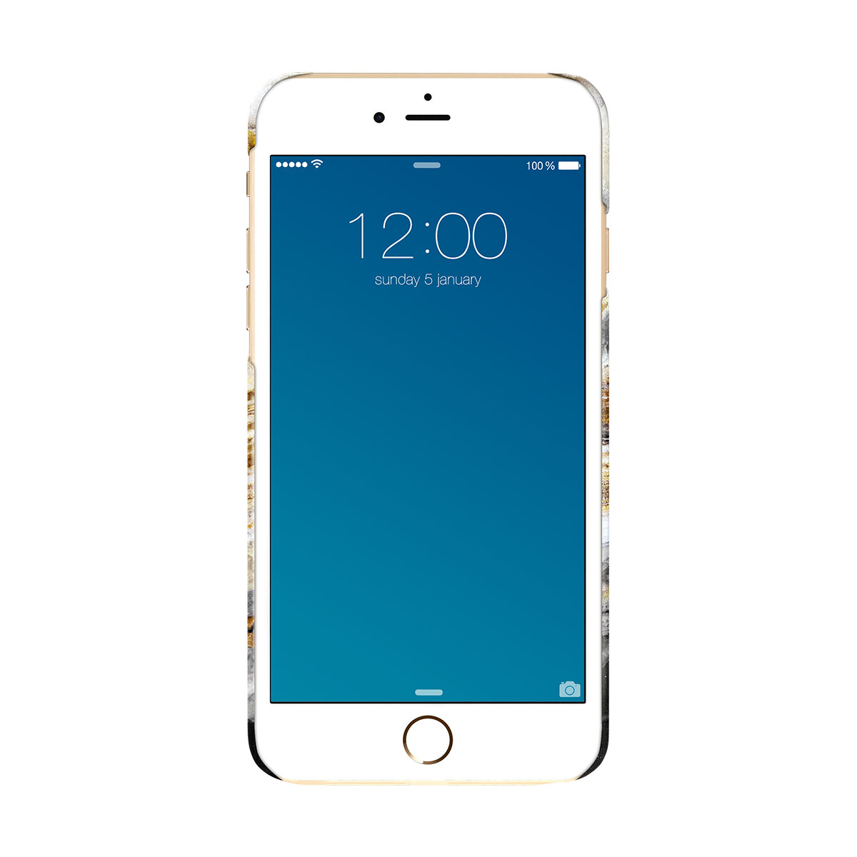 Smartphone con schermo blu, che mostra l'ora come 12:00.