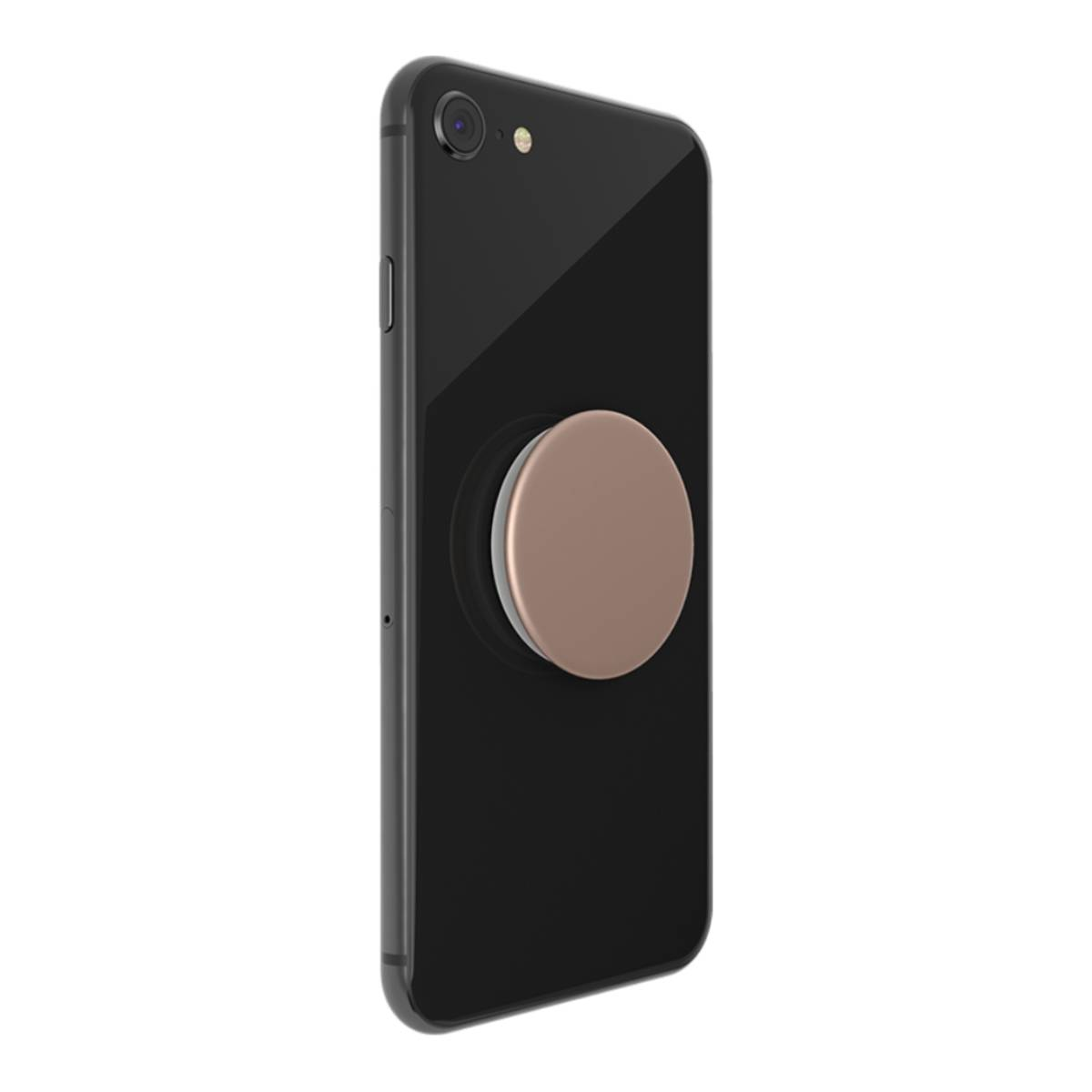 Ein schwarzes Smartphone mit einem angebrachten Pop-Socket, die Rückseite des Telefons zeigend.