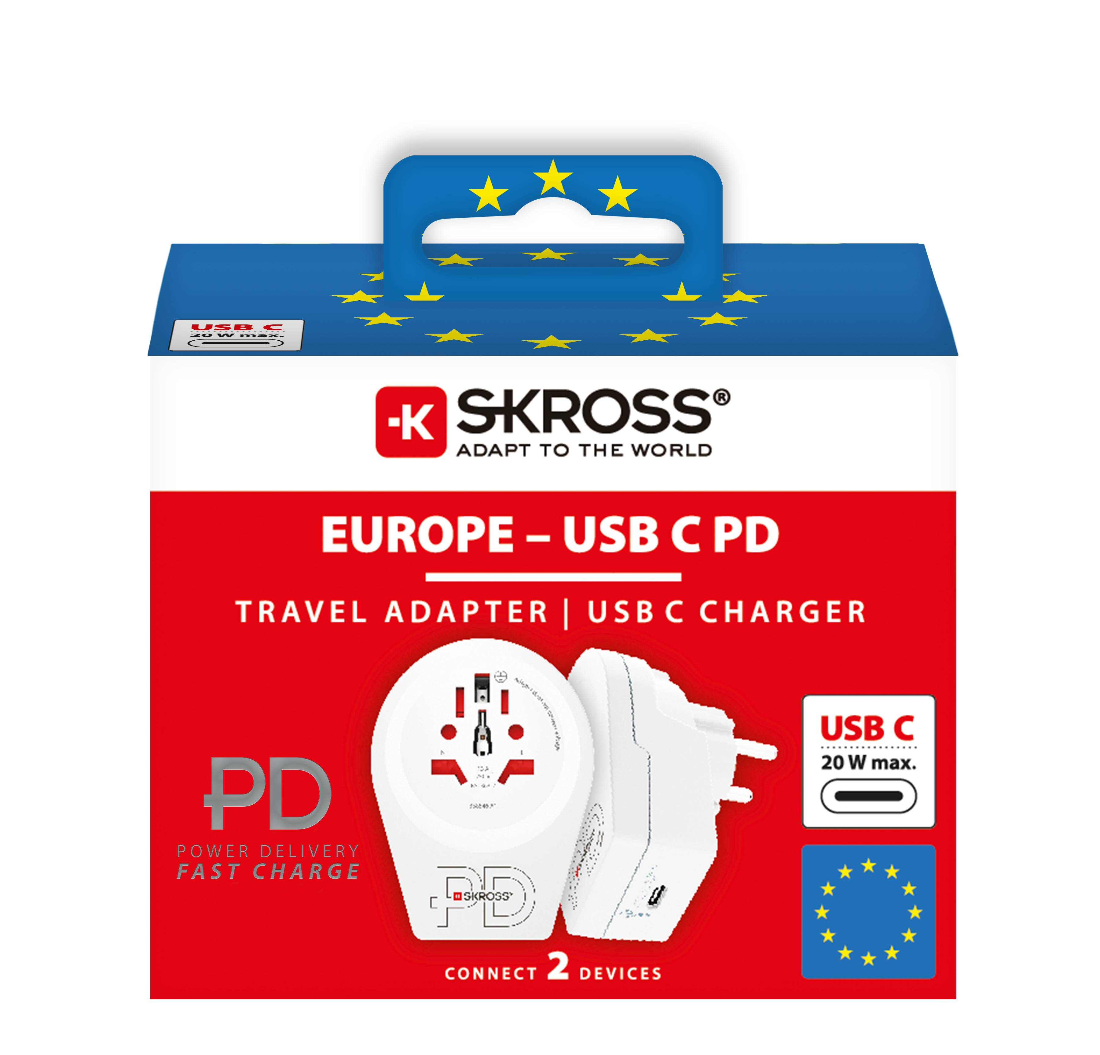 Adattatore da viaggio USB-C bianco e rosso. Include una scatola con stelle UE e un caricatore.