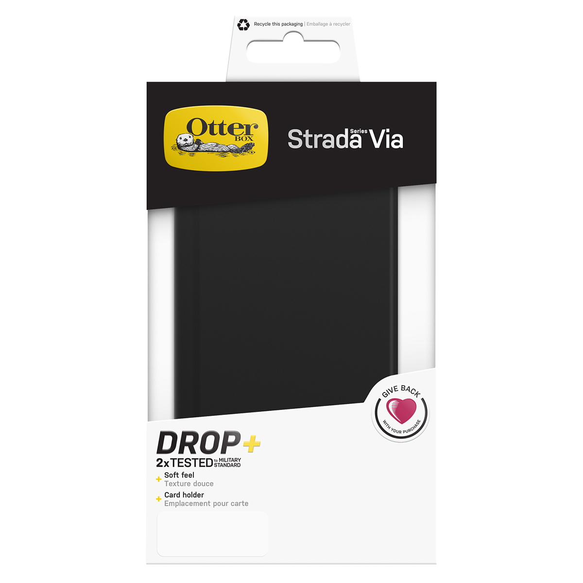 Confezione della custodia OtterBox Strada Via, custodia nera esposta. Sfondo bianco.