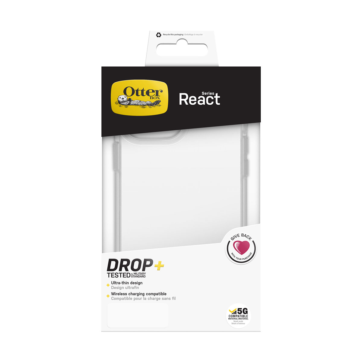 Confezione della custodia per telefono Otterbox React con custodia trasparente visibile, con logo Otterbox e info prodotto.