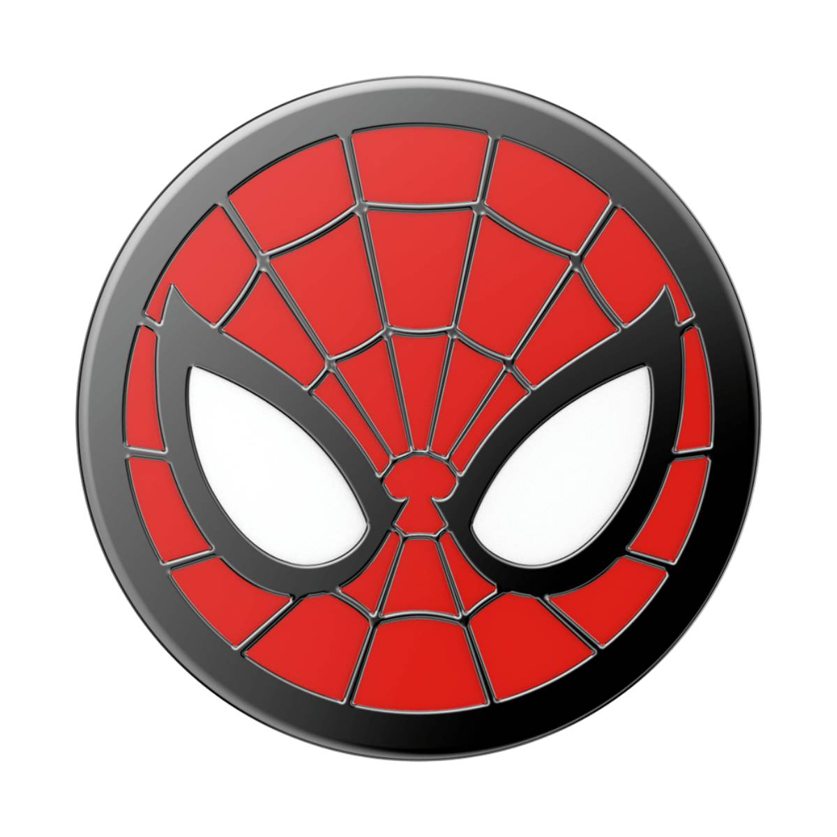 Logo di Spider-Man. Design a ragnatela rossa con occhi bianchi su bordo nero.