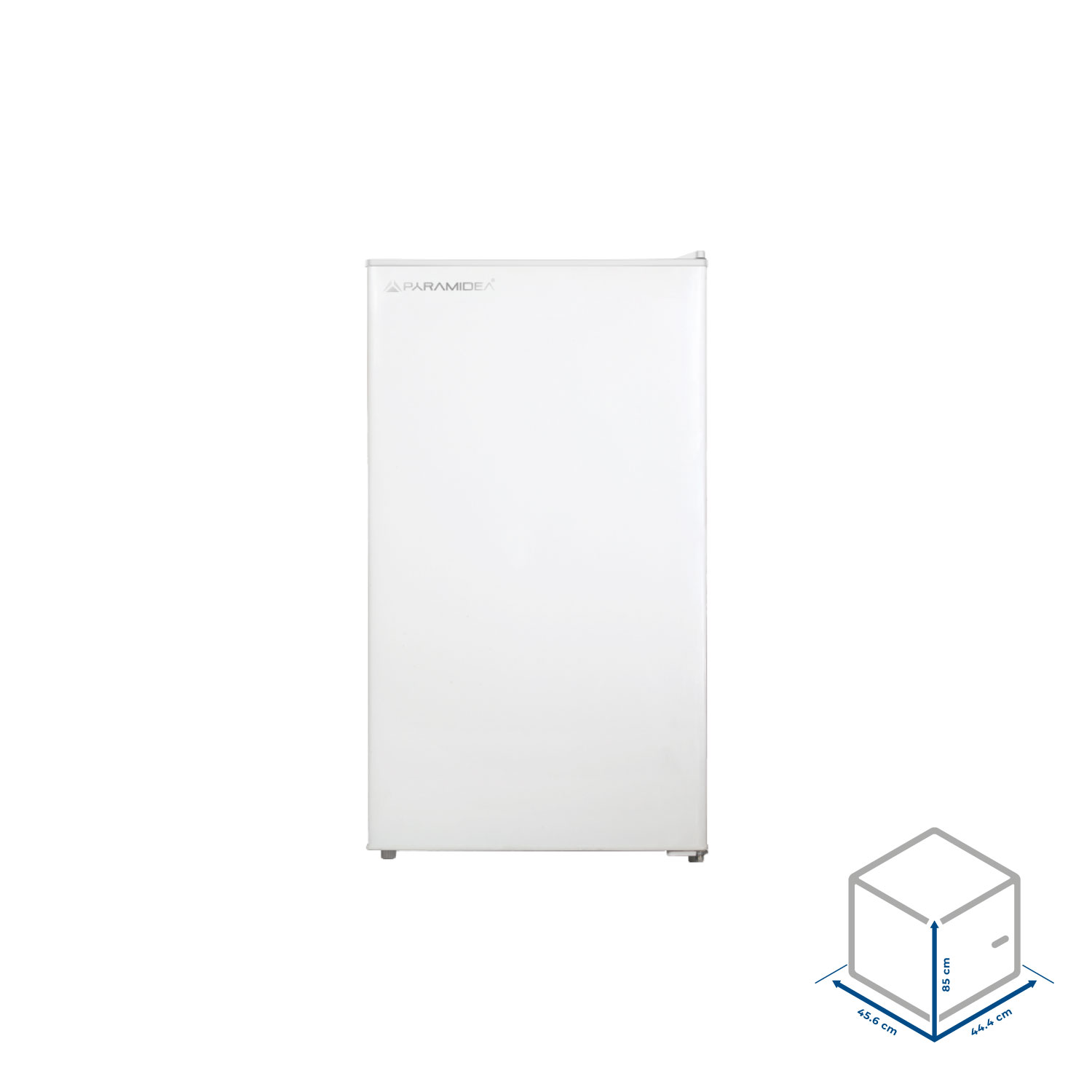 Mini frigo Paramidea bianco con maniglia, logo e dimensioni.