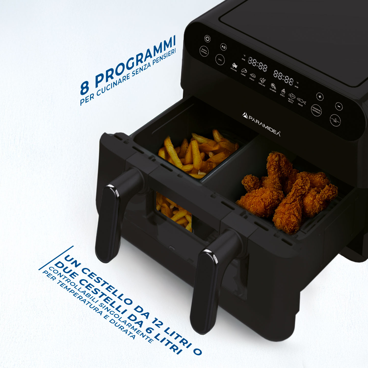 Friggitrice ad aria nera con due scomparti, uno con patatine fritte e uno con pollo.