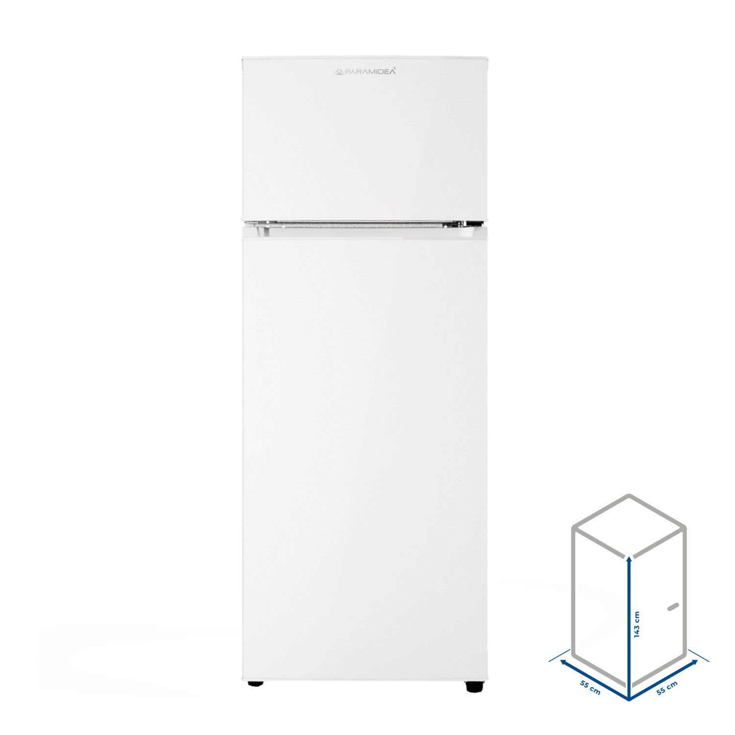 Frigorifero Paramidea bianco con congelatore superiore, maniglia e dimensioni.