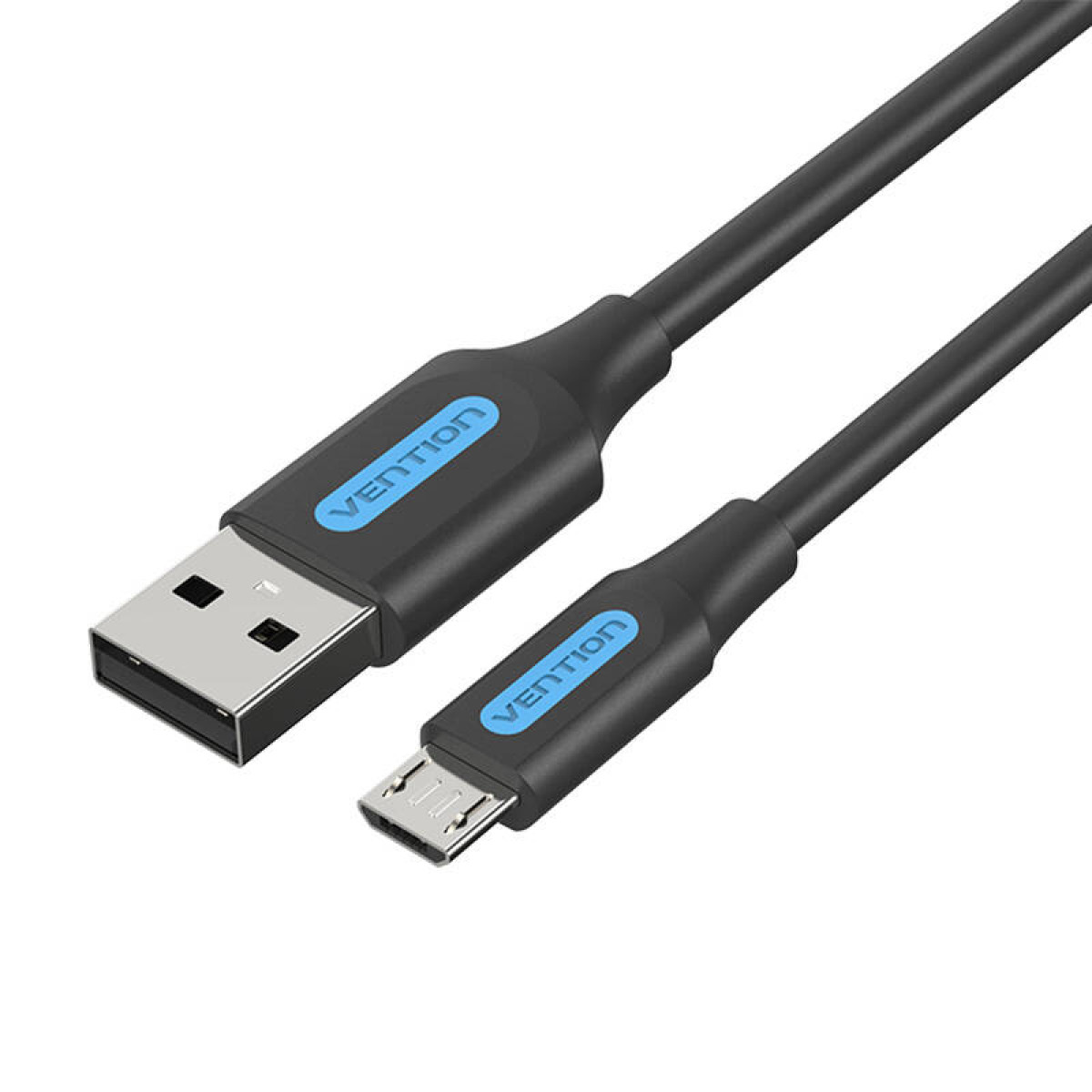 Cavo USB nero con logo Vention, con connettori USB-A e micro-USB, su sfondo bianco.