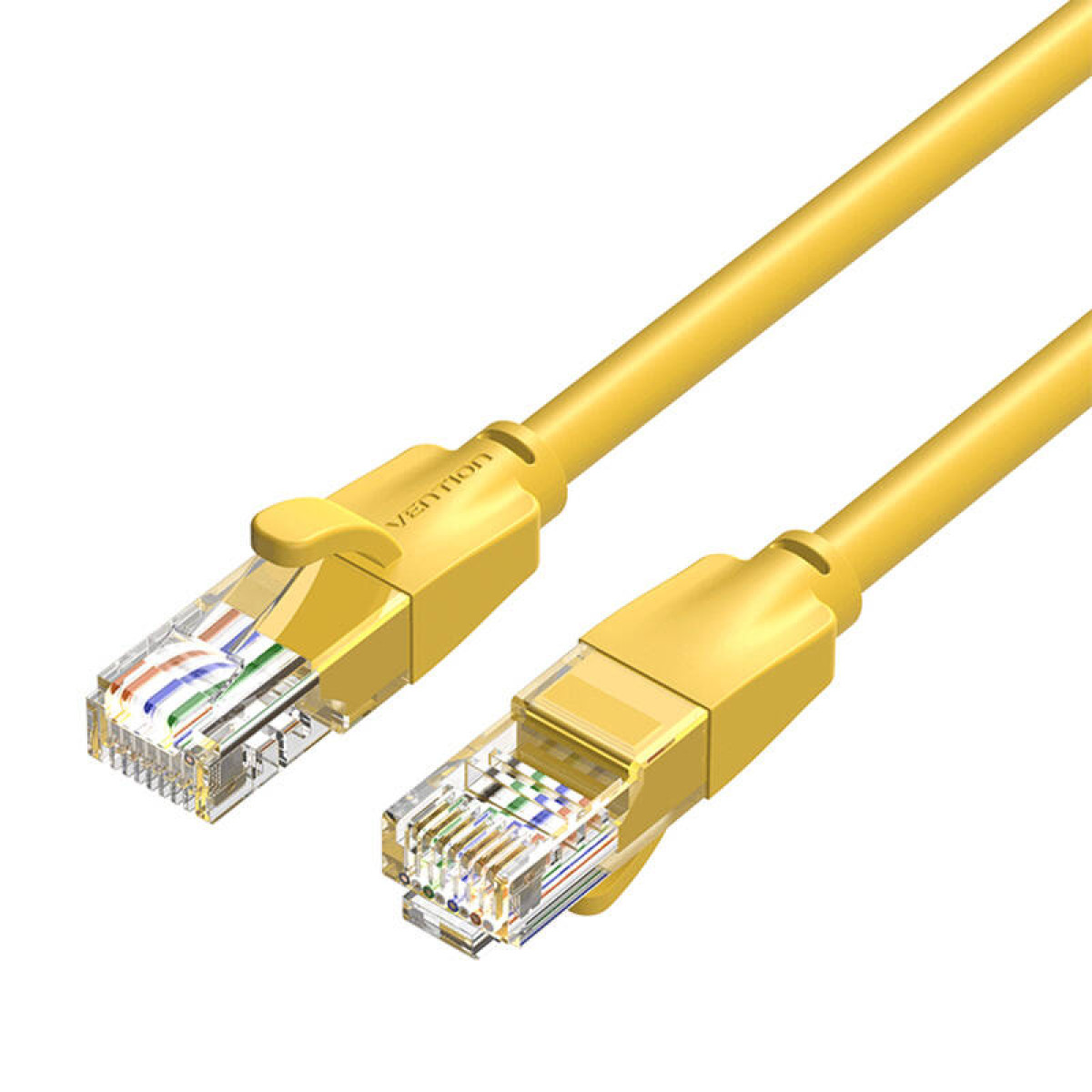 Cavo di rete giallo con connettori su entrambe le estremità. I connettori hanno fili colorati.