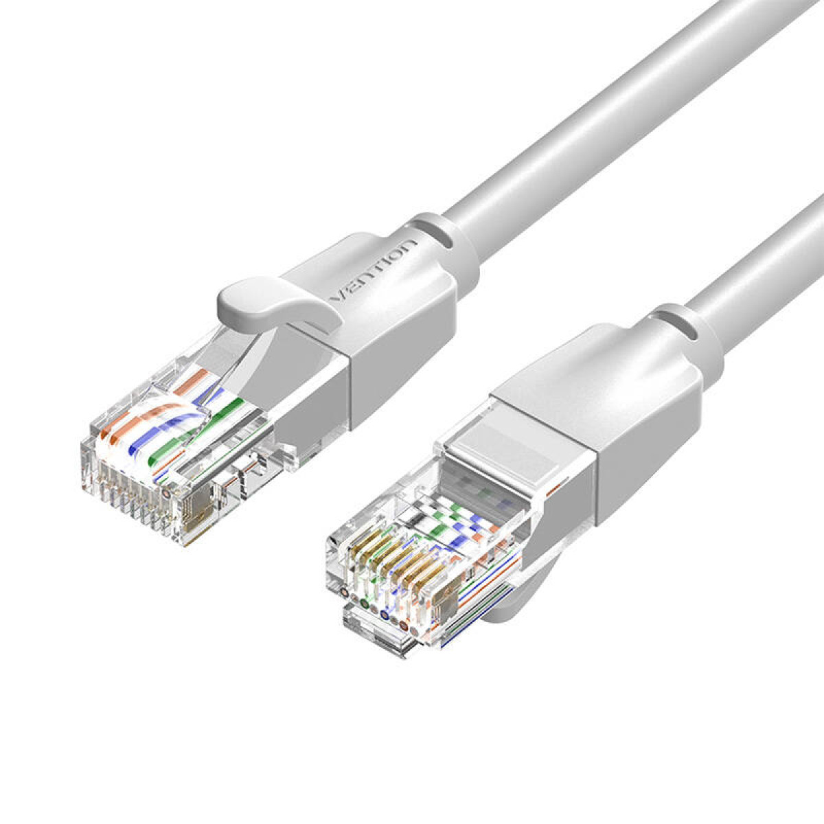 Deux câbles Ethernet blancs et transparents.