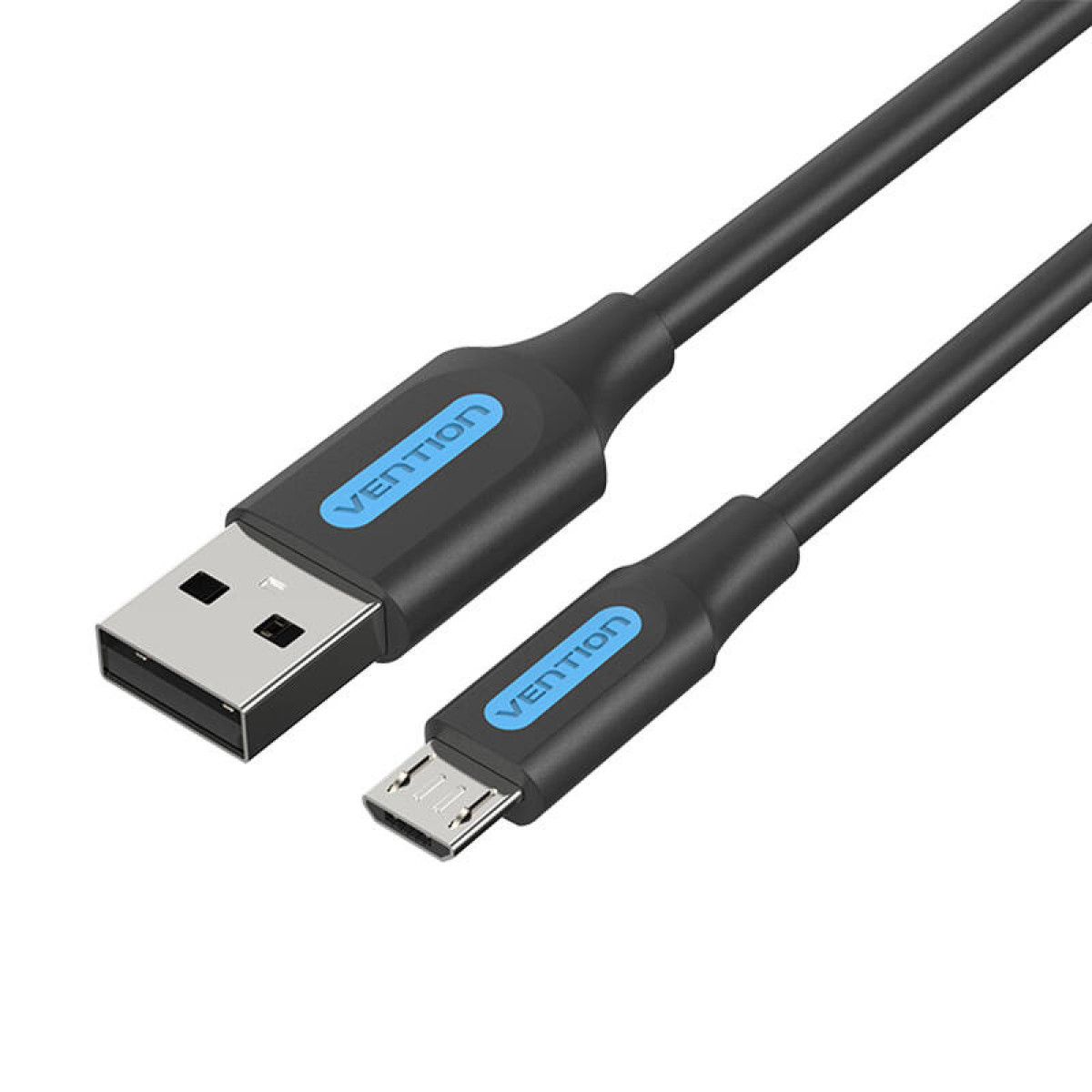 Un cavo da USB a Micro USB nero con loghi blu 'Vention' su ogni connettore.