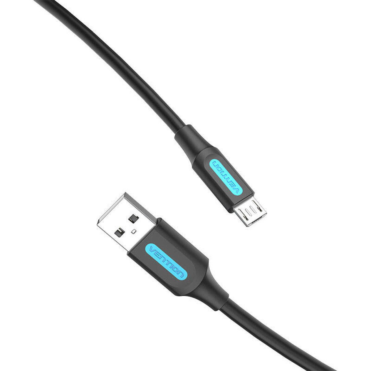 Cavo USB a micro-USB nero con logo Vention blu.