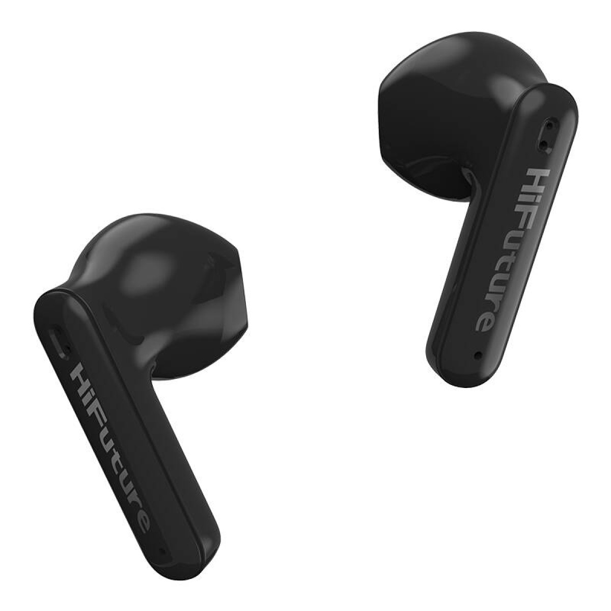 Auricolari HiFuture neri. Vengono mostrate due cuffie. Sfondo bianco.