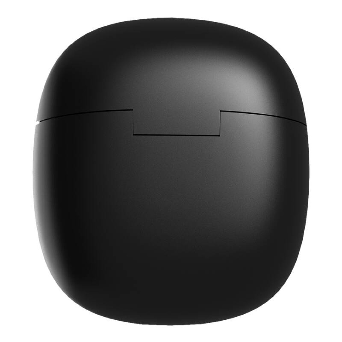 Custodia di ricarica per auricolari wireless neri. Design semplice, chiuso. Sfondo bianco.