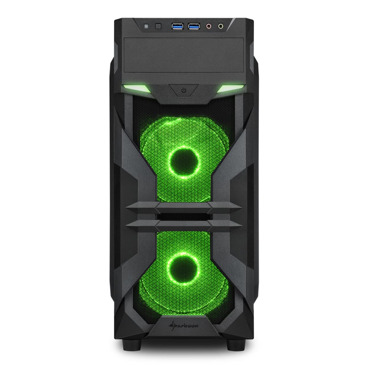 Un case per computer nero con luci LED verdi, vista frontale, sfondo bianco.