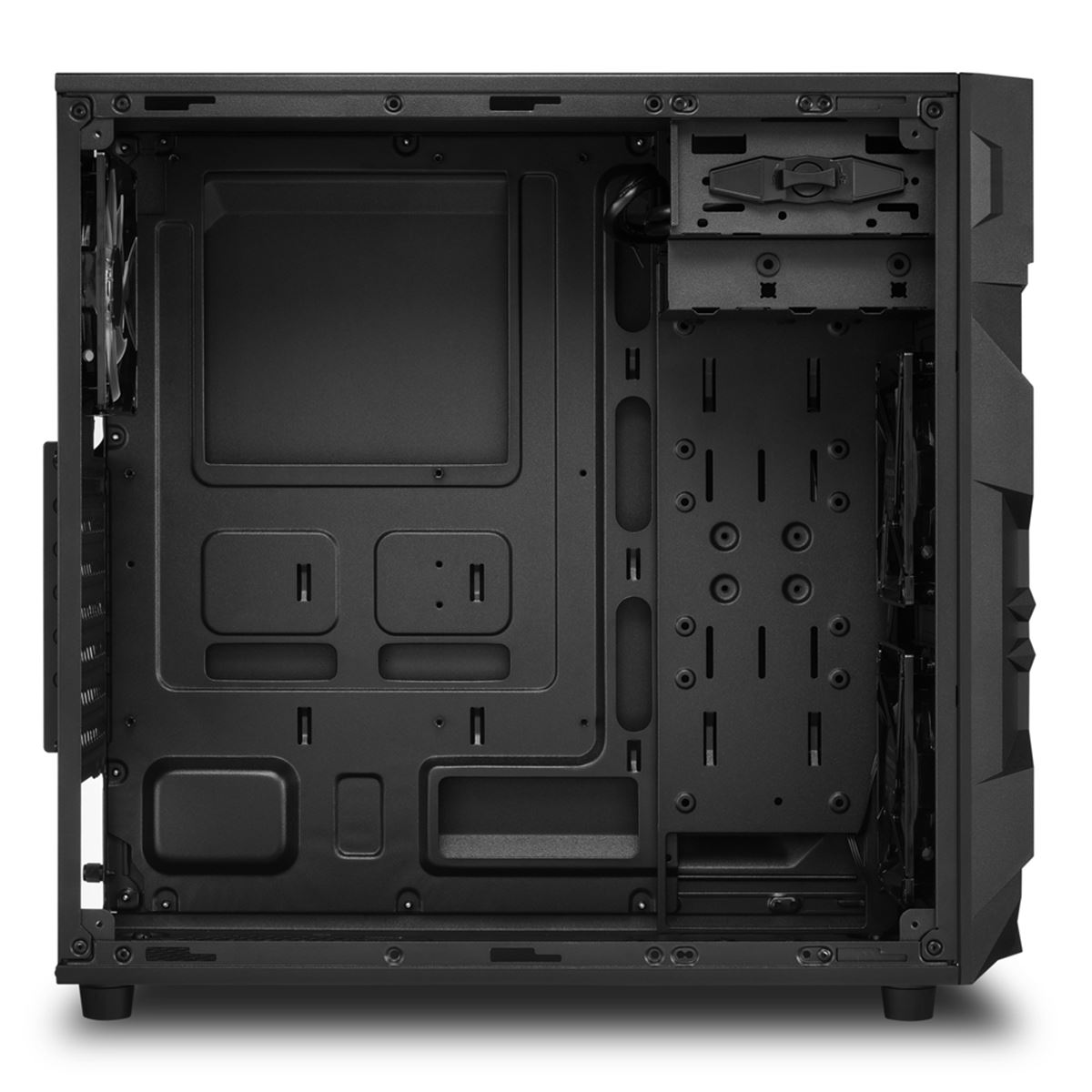 Interno di un case per computer nero, vuoto con vari punti di montaggio e slot per ventole.