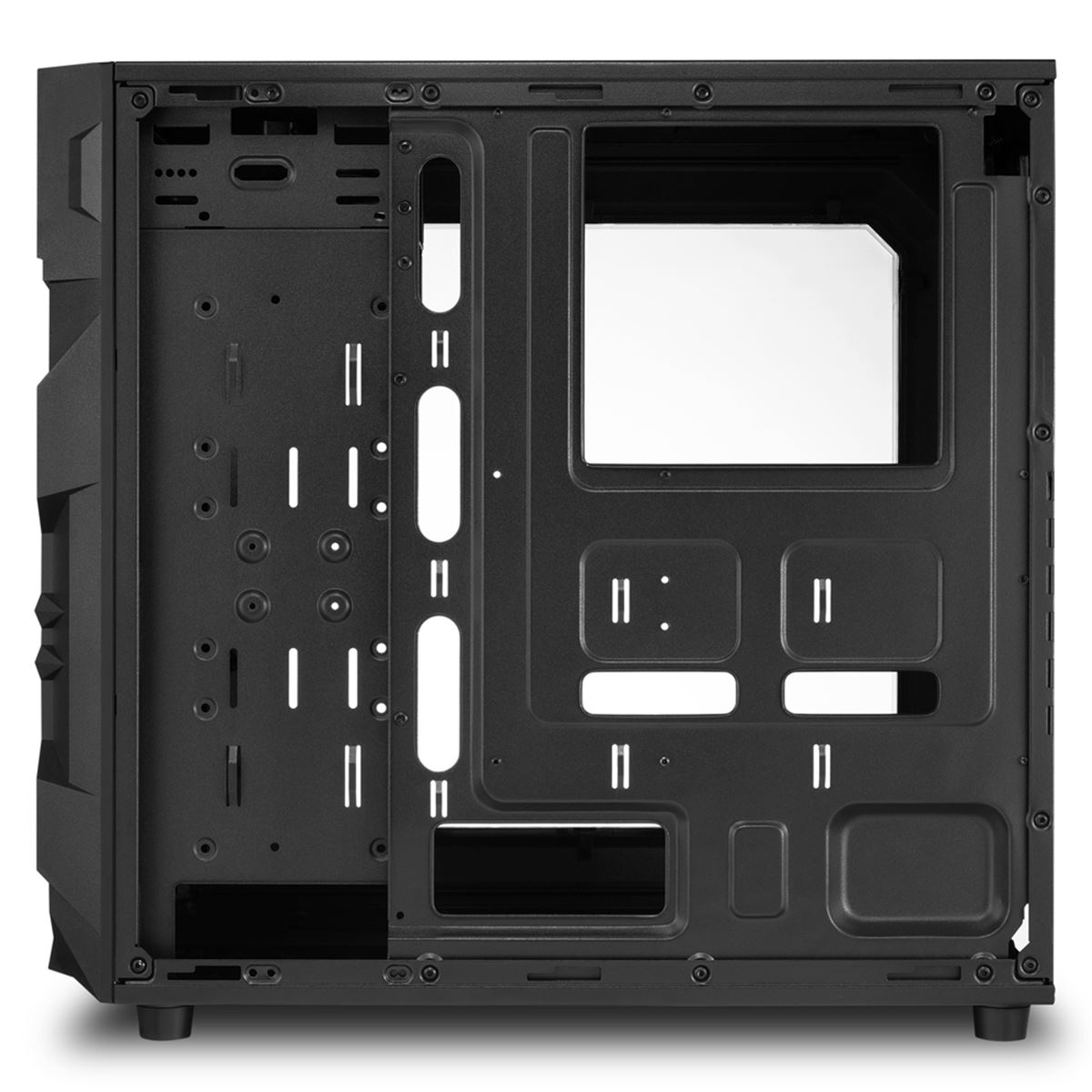 Case per computer nero con pannello laterale aperto. Interno visibile. Punti di montaggio e struttura.