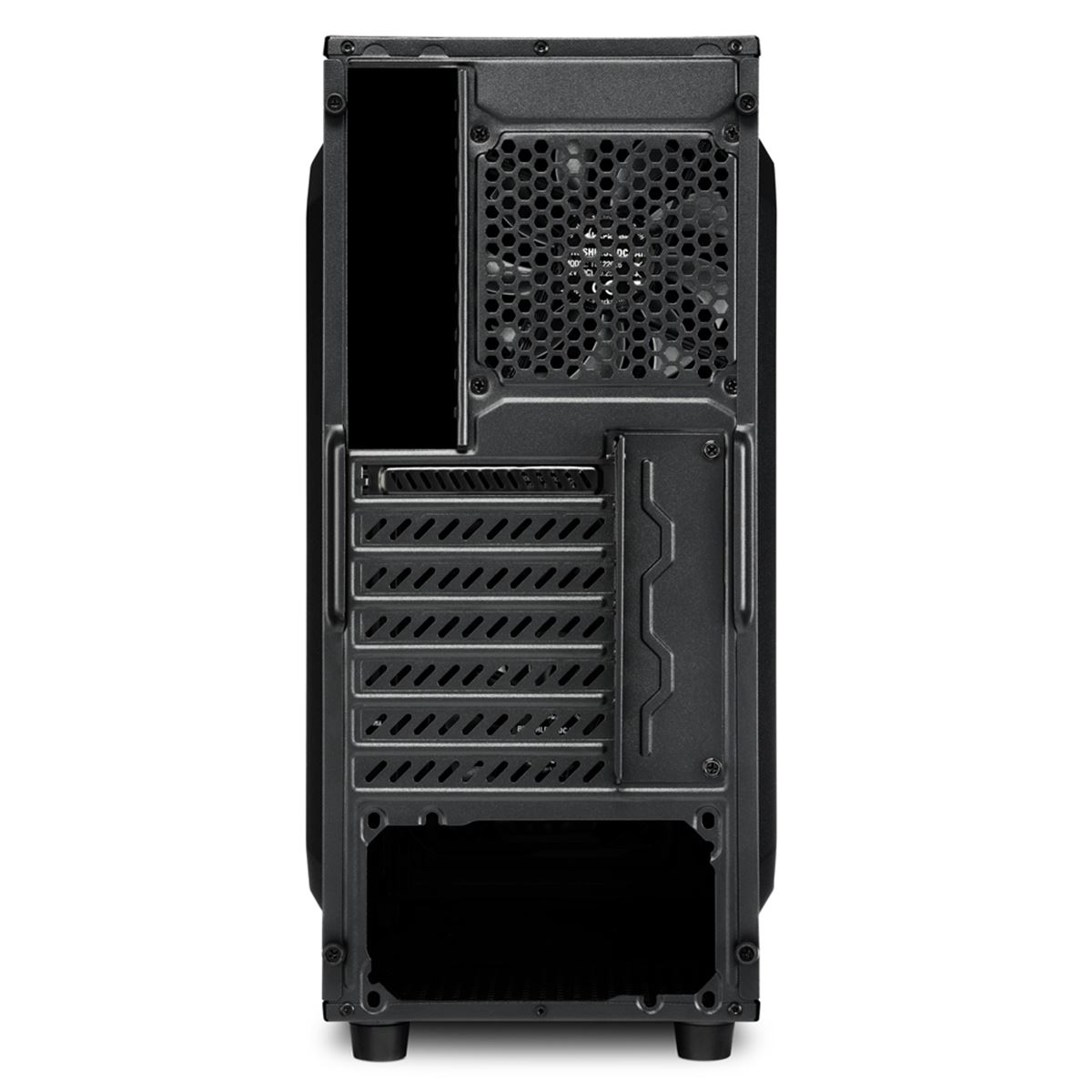 Vista posteriore del case del computer nero, con ventola e porte, su sfondo bianco.