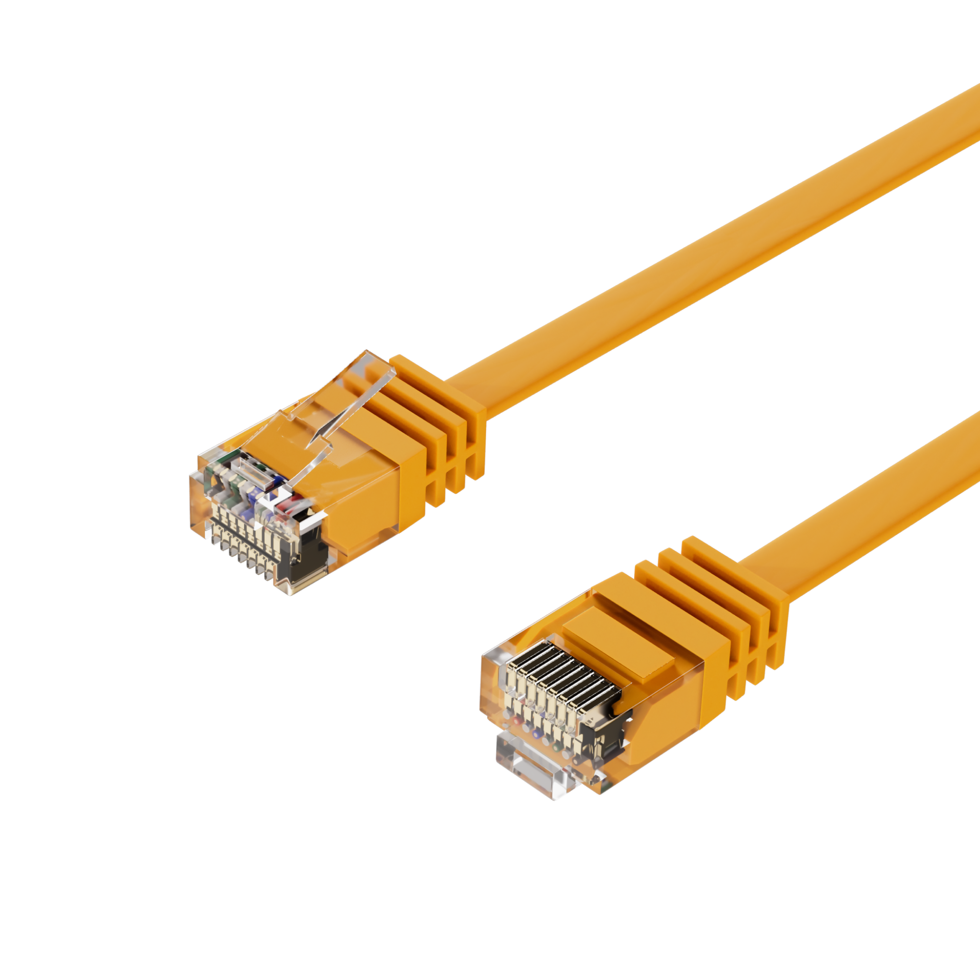 Zwei gelbe Netzwerkkabel mit transparenten Steckern, schräg auf weißem Hintergrund.