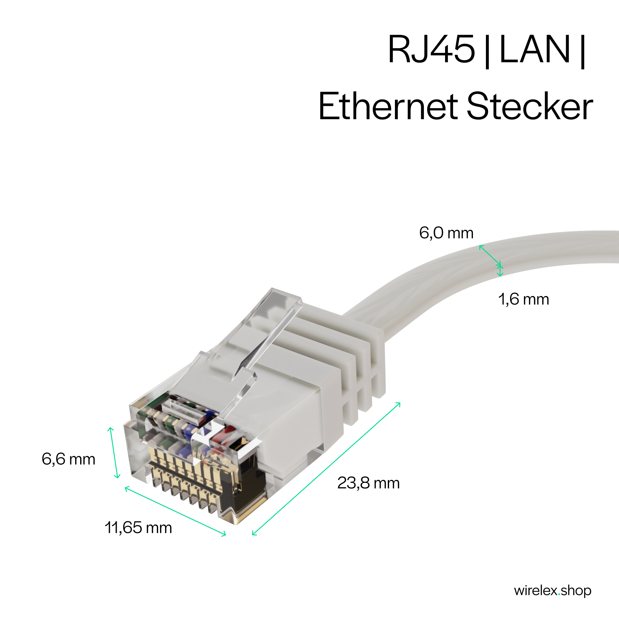 Nahaufnahme eines RJ45 LAN Ethernet-Anschlusses. Abmessungen sind beschriftet. Weißes Kabel ist angeschlossen.