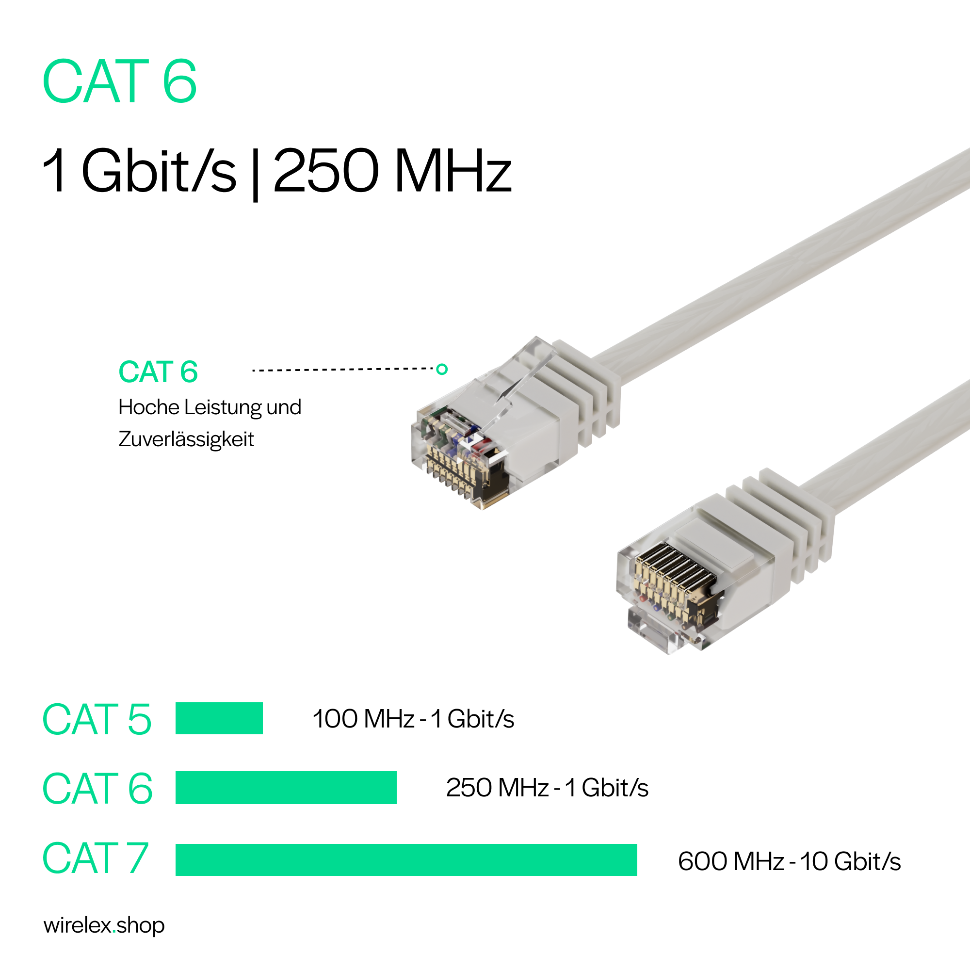 Zwei Netzwerkkabel nebeneinander, Text hebt CAT 6 Spezifikationen hervor.