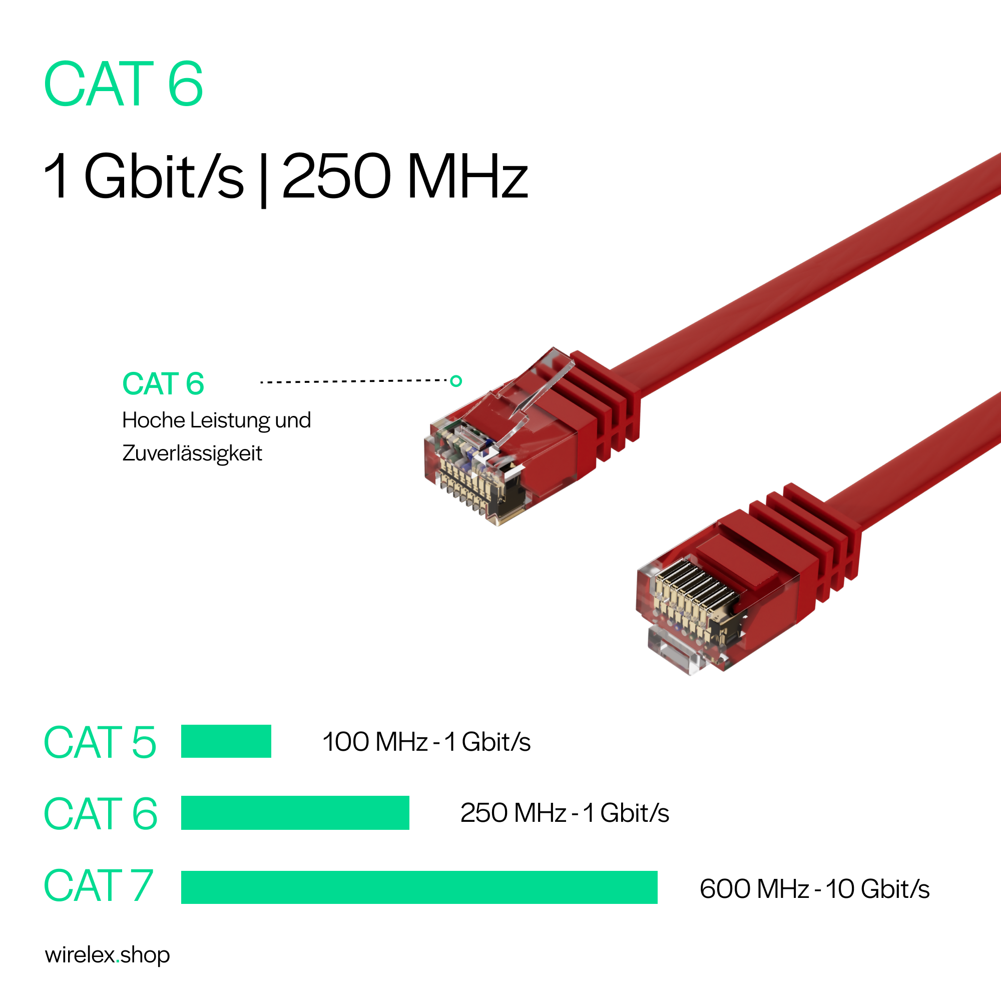 Rotes CAT 6 Ethernet-Kabel mit Stecker und Infografik mit Datenübertragungsgeschwindigkeiten. Weißer Hintergrund.