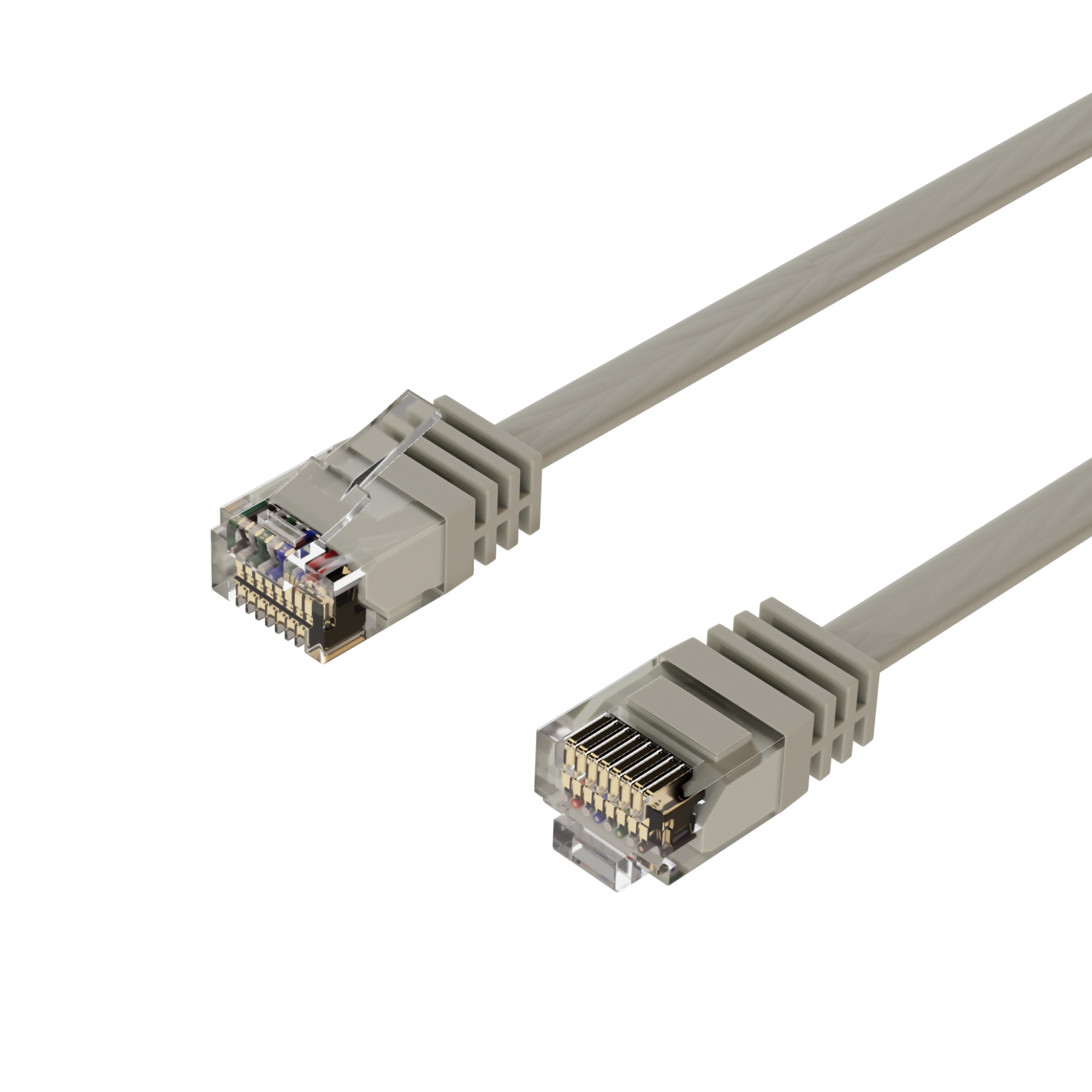 Graue Ethernet-Kabel. Beide Kabel haben transparente Stecker. Nahaufnahme, weißer Hintergrund.