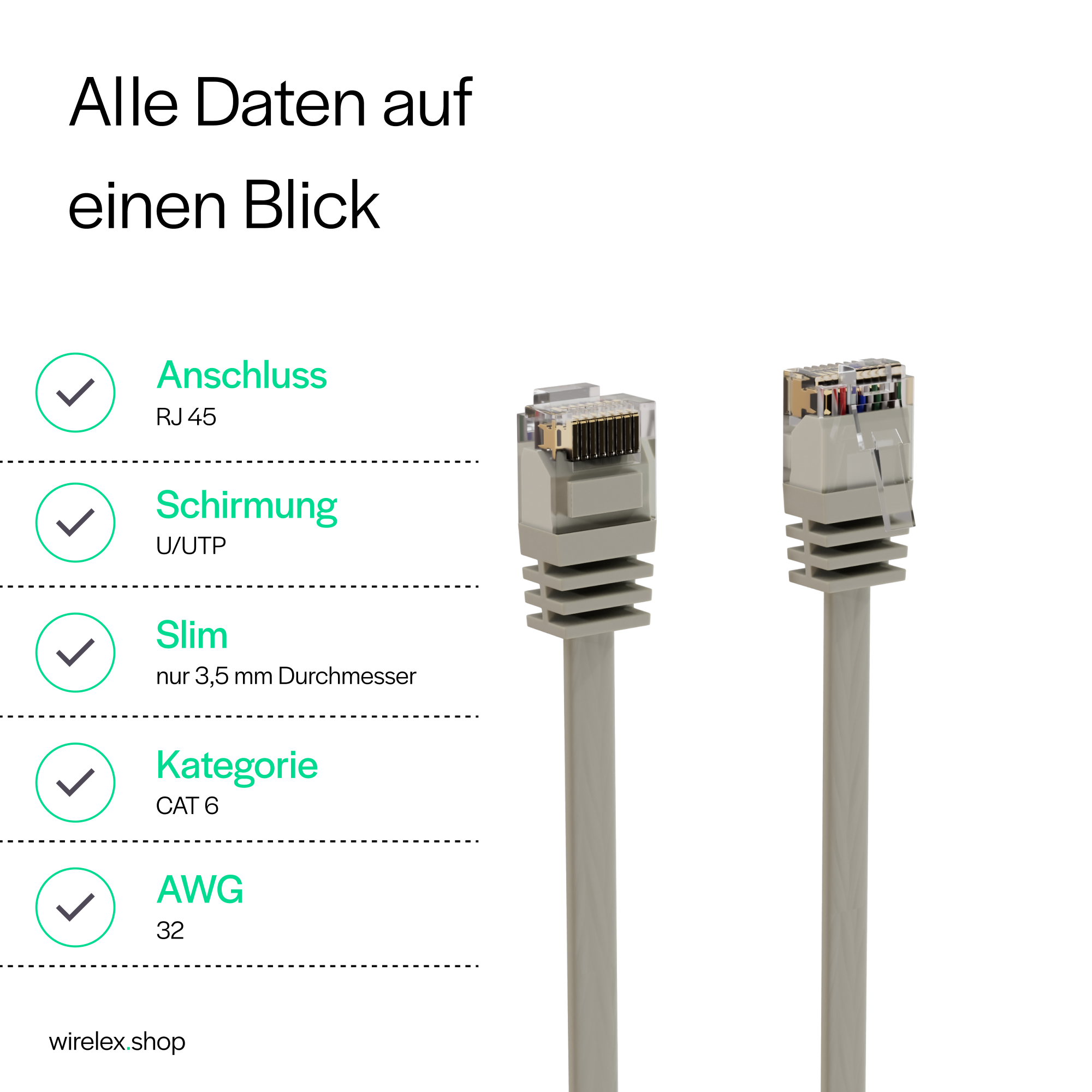 Zwei graue Netzwerkkabel und Informationssymbole auf weißem Hintergrund.