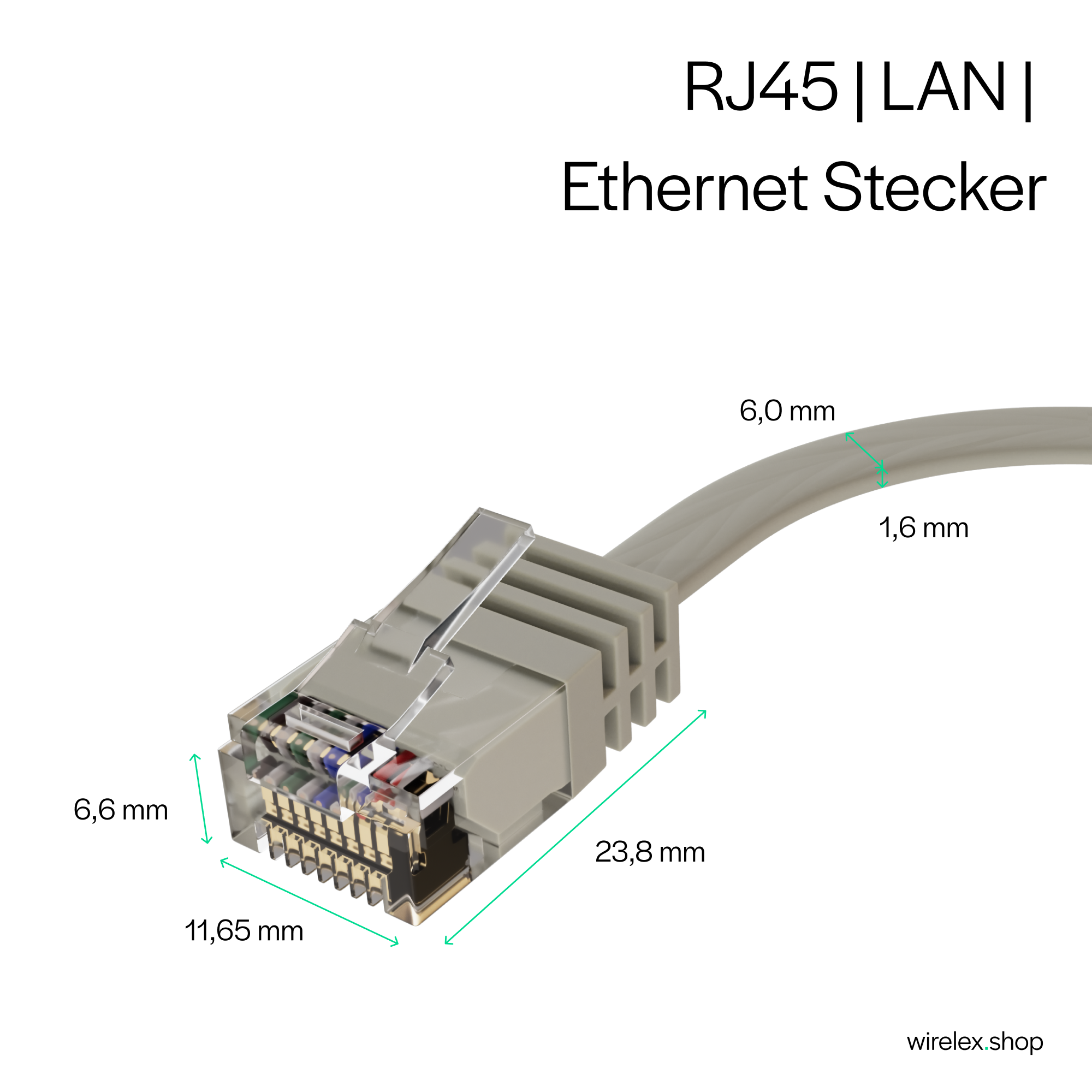 Grauer Ethernet-Stecker mit Abmessungen, weißer Hintergrund, wirelex.shop.