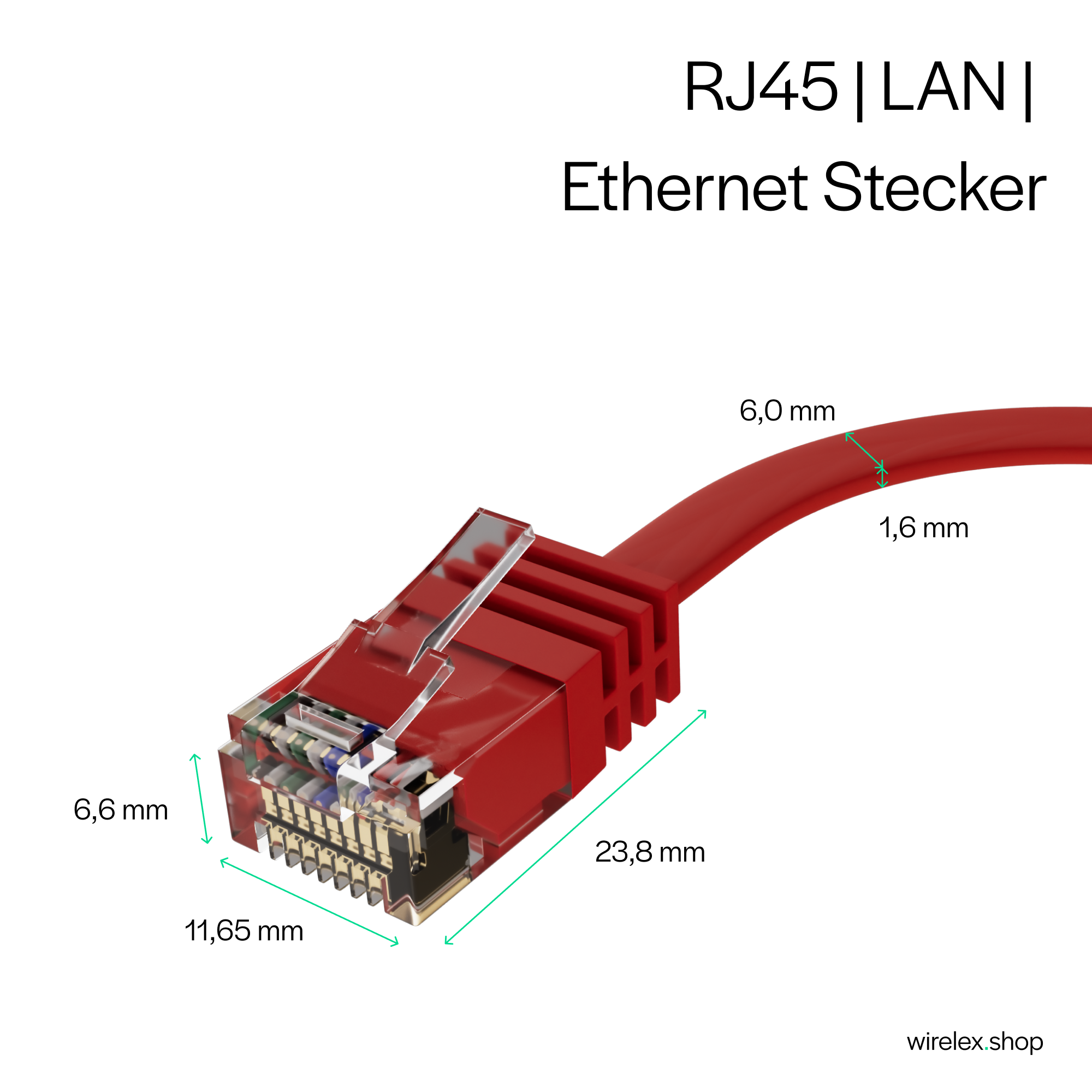 Ein roter RJ45-Stecker mit rotem Kabel. Die Abmessungen sind in Millimetern angegeben.