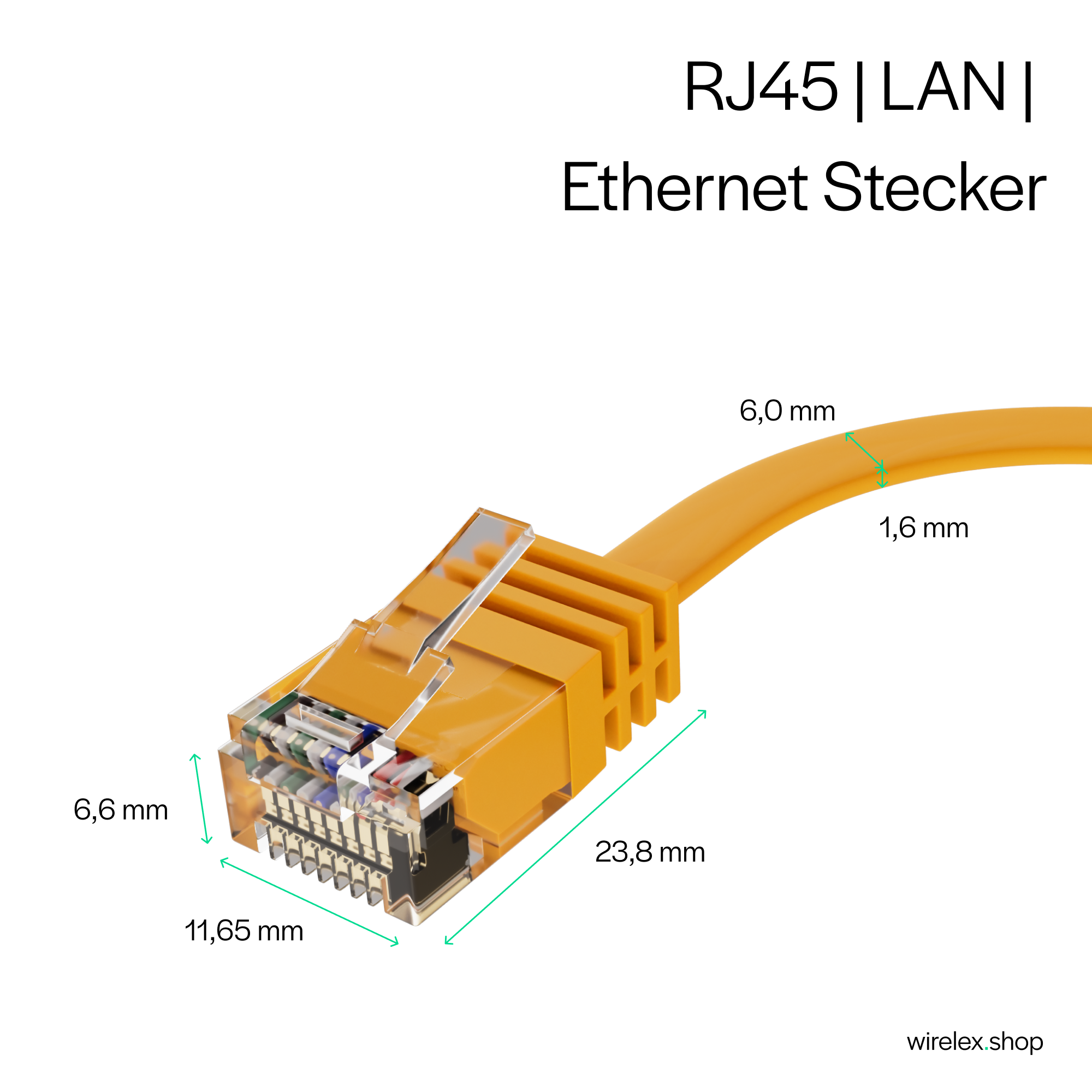 RJ45-Ethernet-Anschluss Nahaufnahme. Zeigt Abmessungen und Pin-Details. Gelber Stecker mit gelbem Kabel.