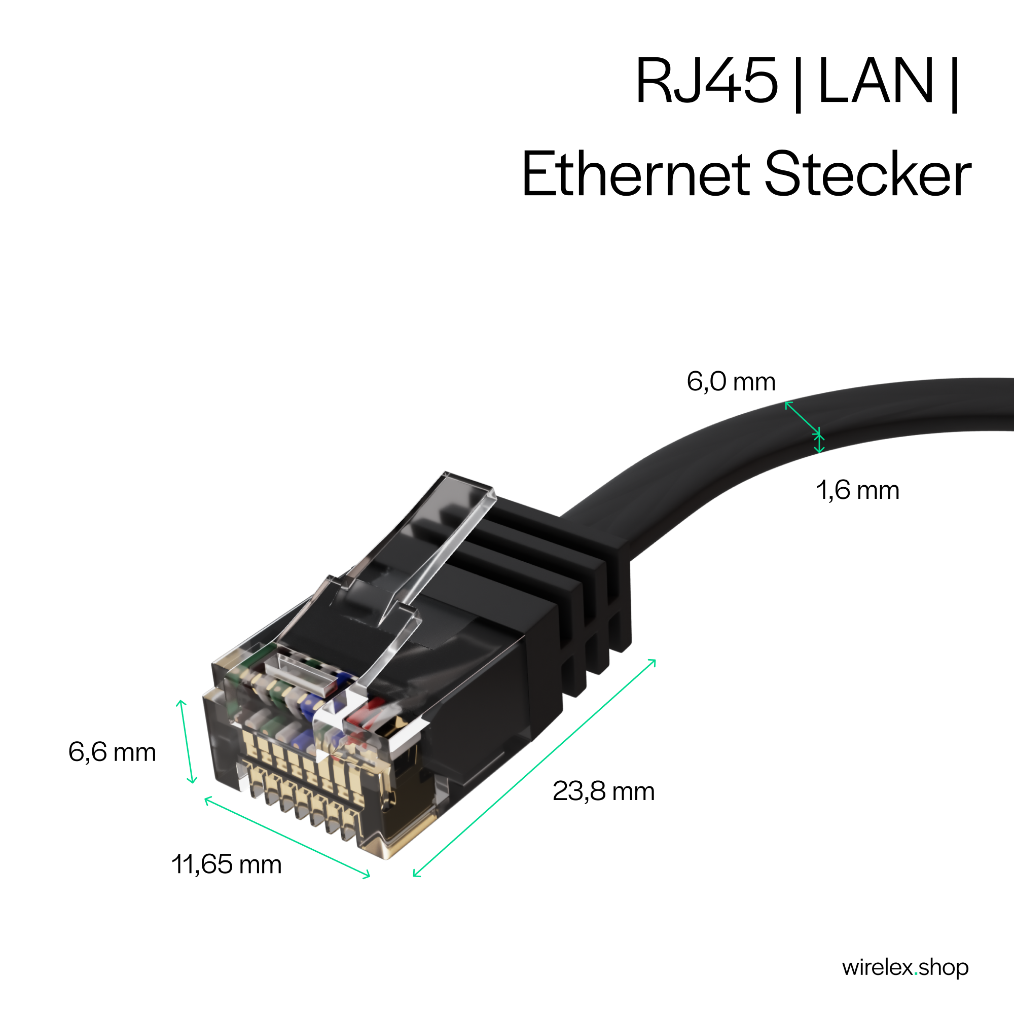 RJ45-Ethernet-Anschluss Nahaufnahme. Zeigt Abmessungen und Pin-Details. Schwarzer Stecker mit schwarzem Kabel.
