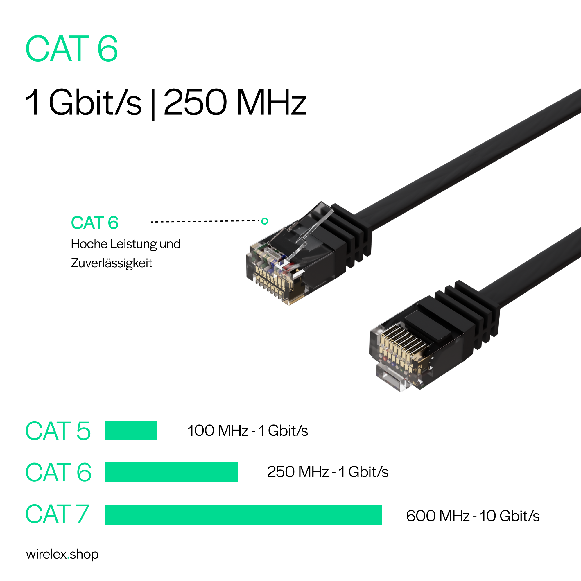 Zwei schwarze Netzwerkkabel mit Steckern. Text: CAT 6, 1 Gbit/s, 250 MHz.