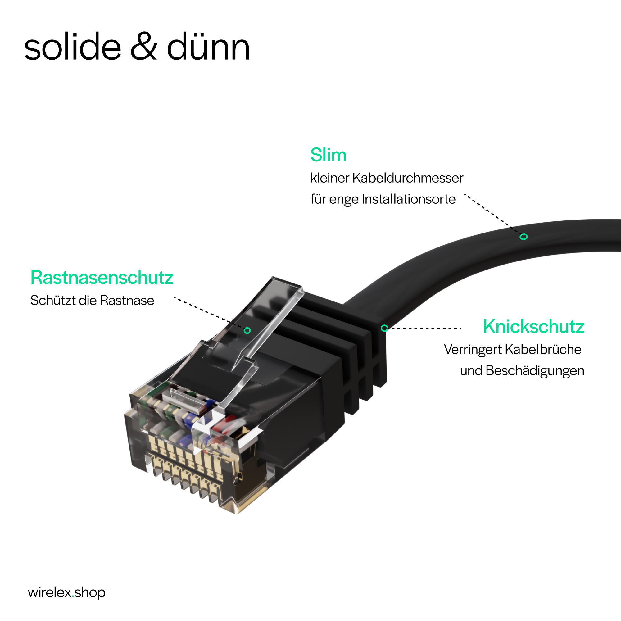 Schwarzer Netzwerkkabelanschluss. Das Kabel hat ein durchsichtiges Kunststoffende mit internen Drähten.