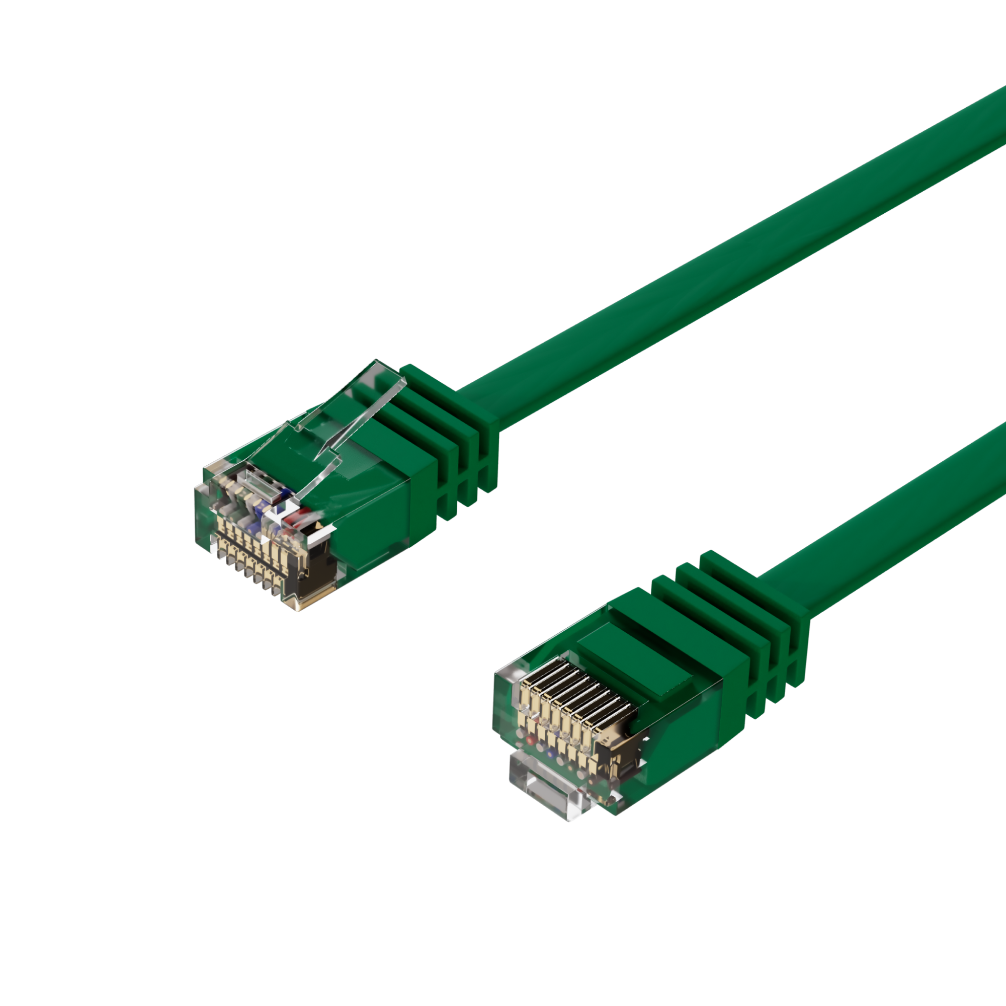 Zwei grüne Ethernet-Kabel mit Steckern an beiden Enden, vor weißem Hintergrund.