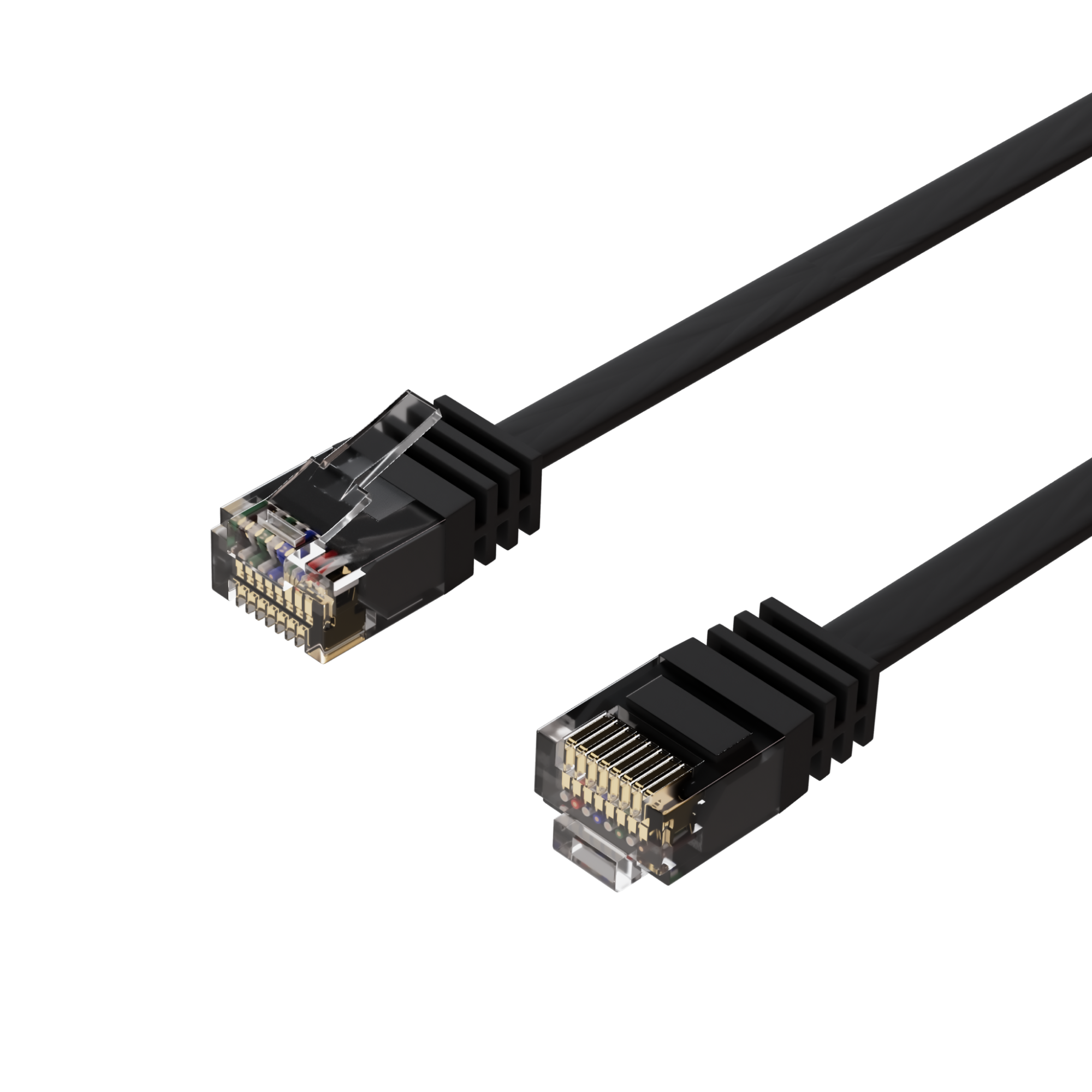 Schwarzes Ethernet-Kabel mit zwei Steckern. Transparente Stecker mit bunten Drähten. Weißer Hintergrund.