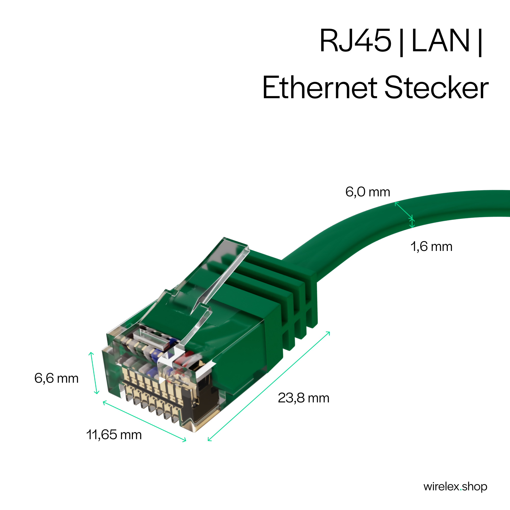 Ein grüner RJ45-Ethernet-Stecker mit Maßangaben. Transparente Kunststoffhülle mit grünem Kabel.