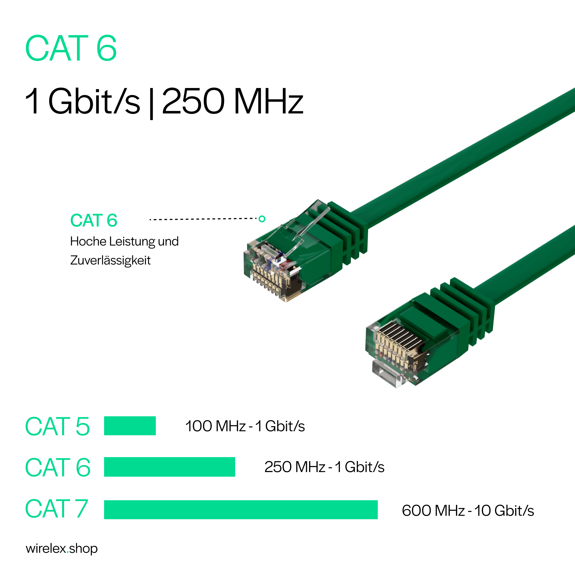 Zwei grüne CAT 6 Ethernet-Kabel mit Anschlüssen, Text CAT 6, 1 Gbit/s, 250 MHz.