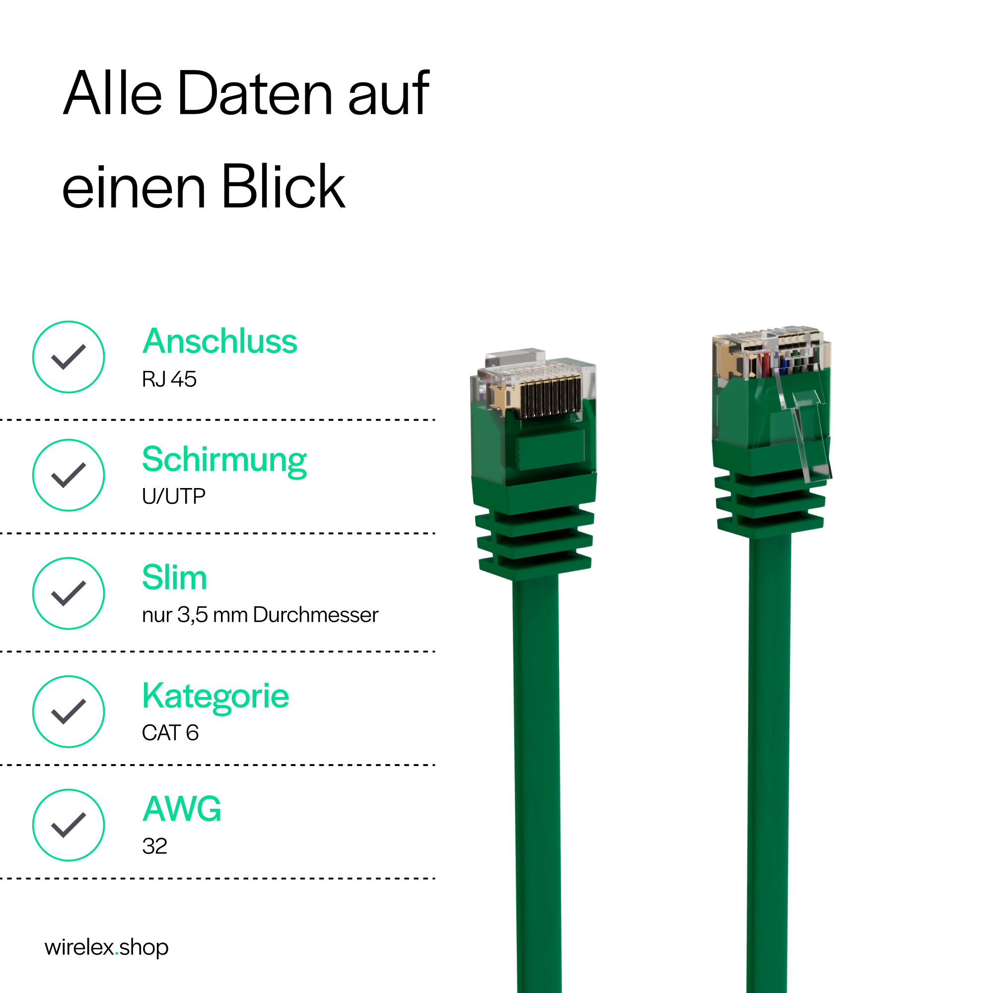 Grünes Ethernet-Kabel mit Anschlüssen und Textbeschriftungen für Anschlüsse und Spezifikationen.
