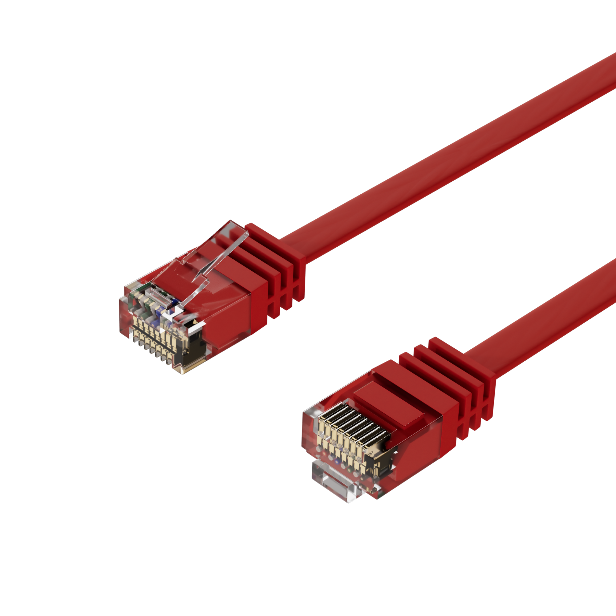 Zwei rote Ethernet-Kabel mit Steckern auf weißem Hintergrund.