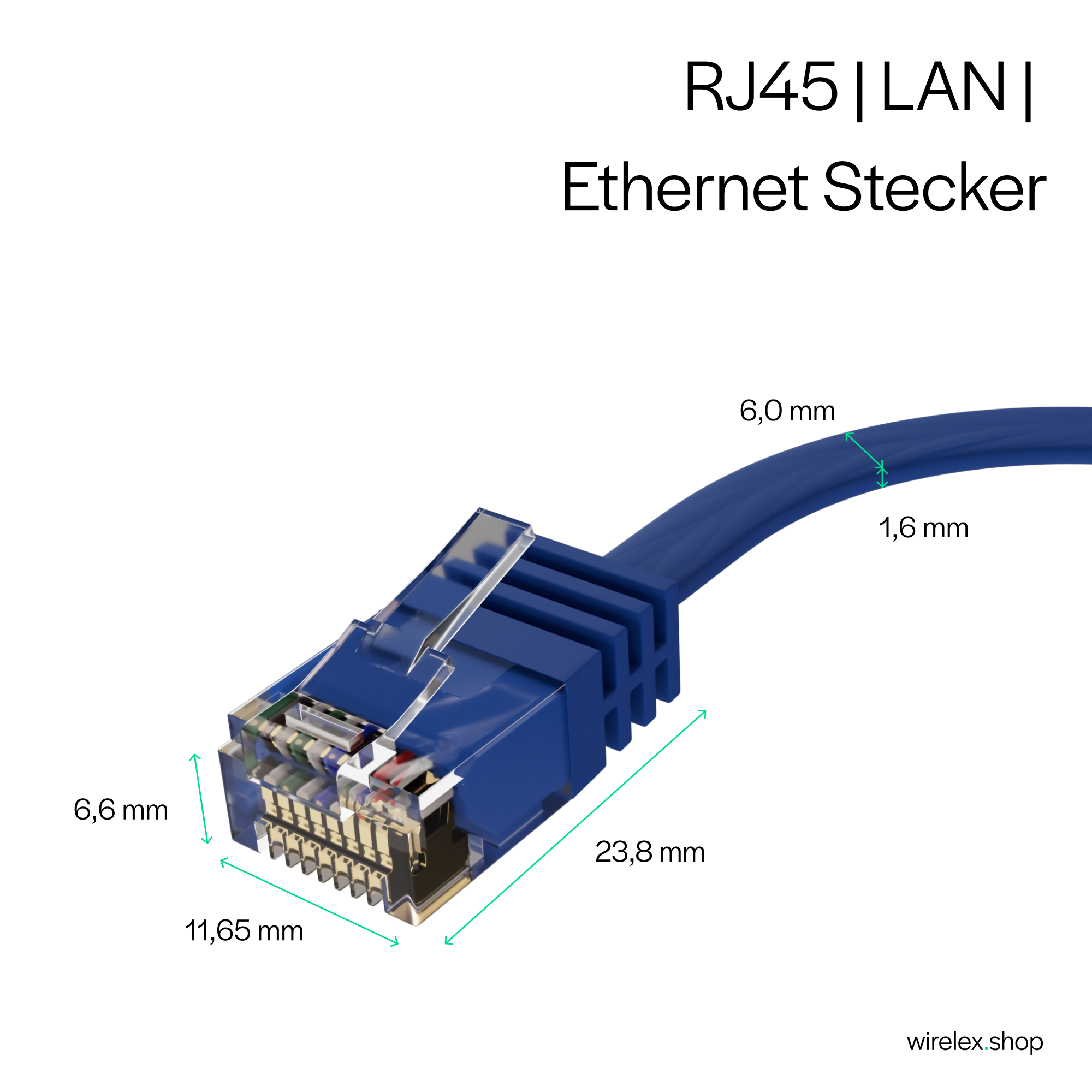 Nahaufnahme eines blauen RJ45-Ethernet-Anschlusses mit Maßangaben. Weißer Hintergrund.