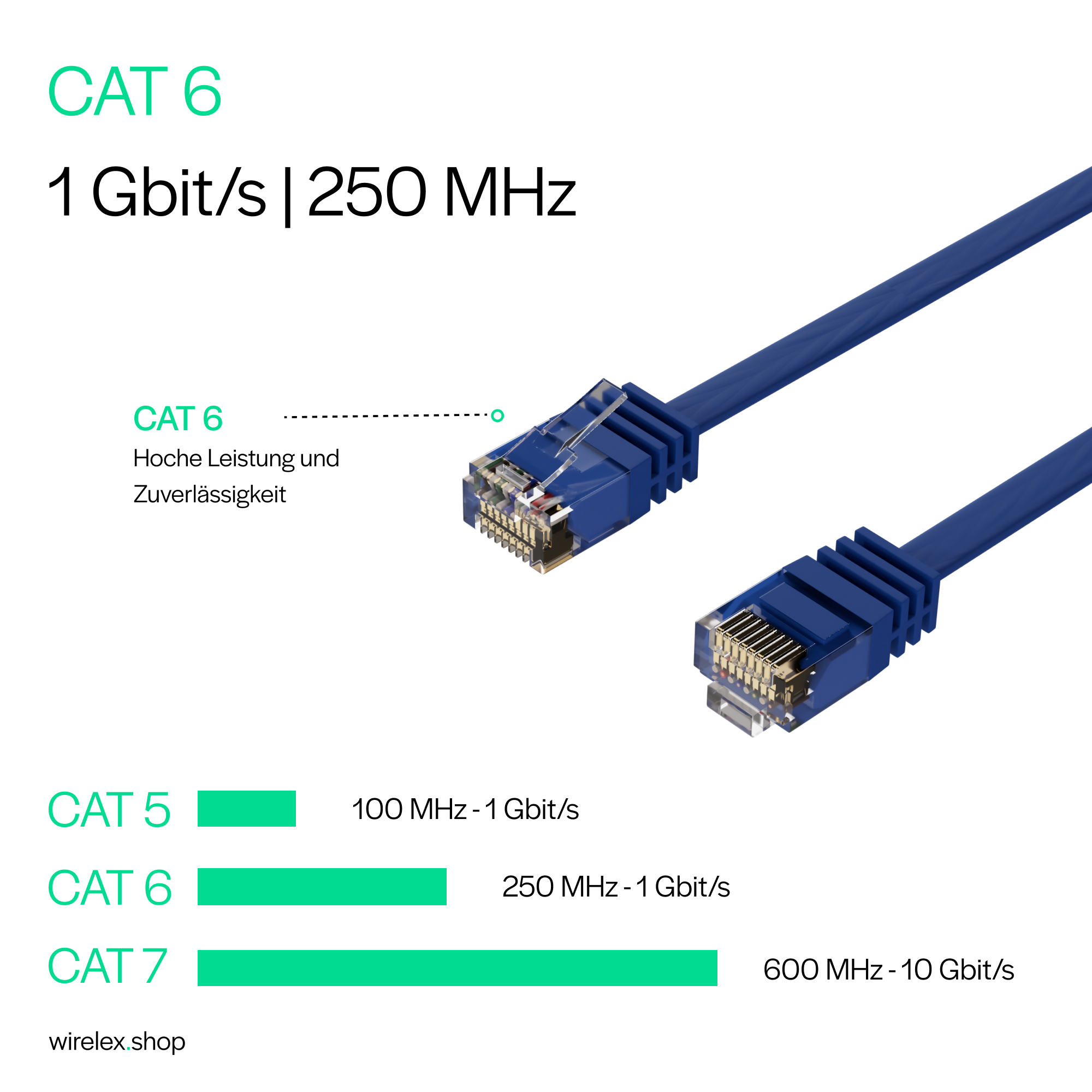 Blaue Ethernet-Kabel mit CAT 6-Spezifikationen vor weißem Hintergrund.